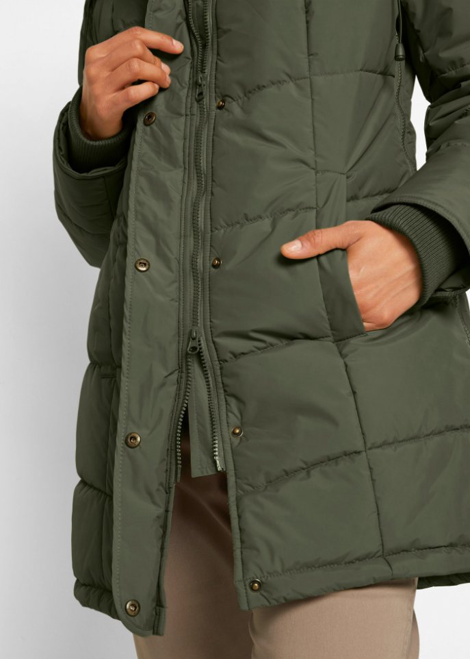 Long-Steppjacke, wattiert mit Kragen und Kapuze