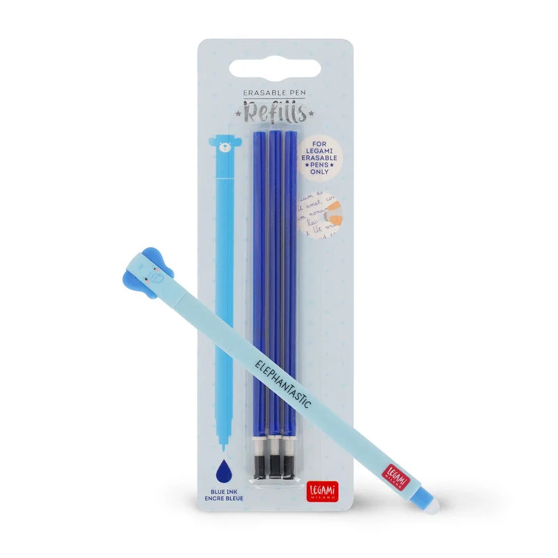 Juego de bolígrafos borrables con forma de elefante y recambio azul.