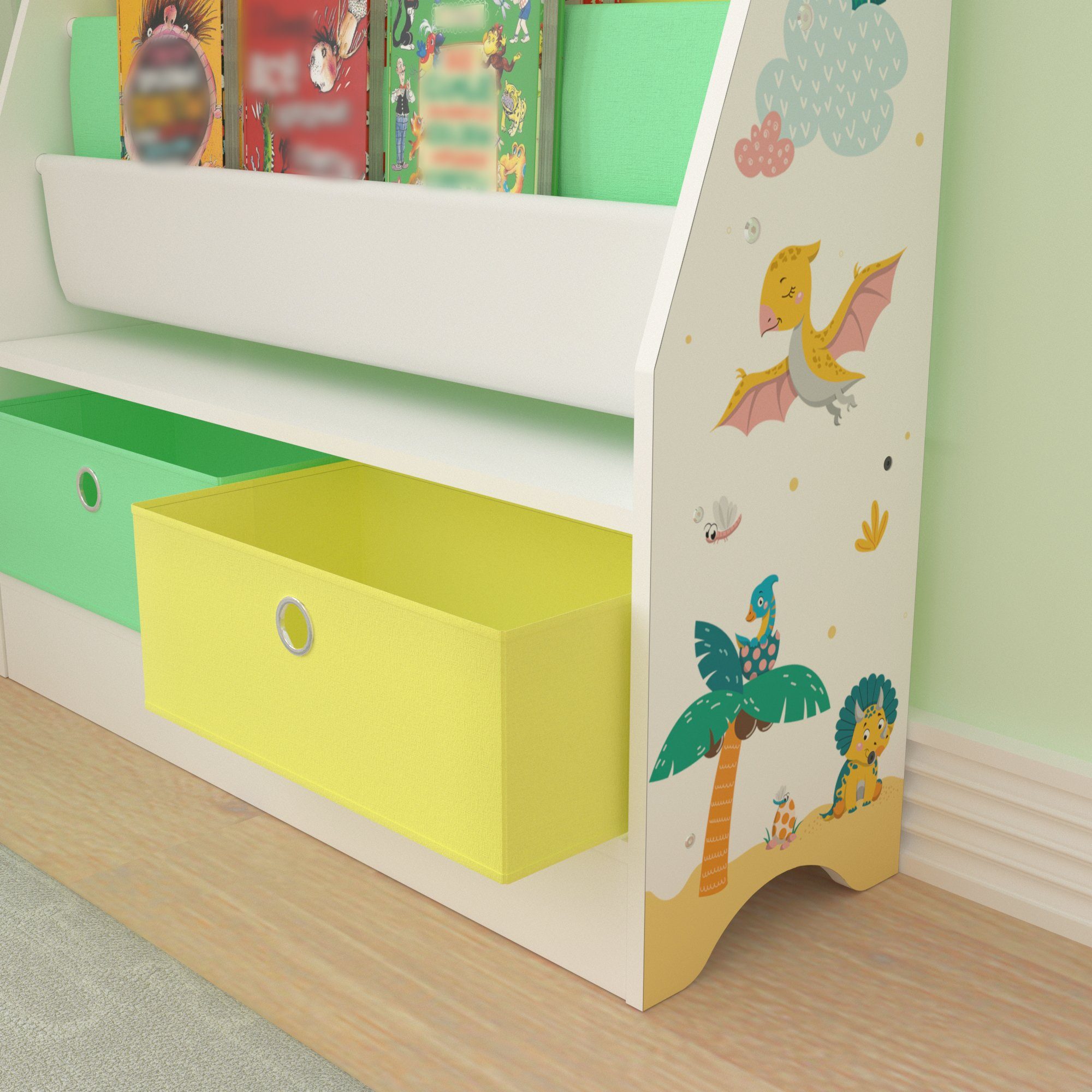 en.casa Bücherregal, Neda Kinderregal 74x71x23 cm mit Dinosaurier-Motiv Weiß/Grün/Gelb