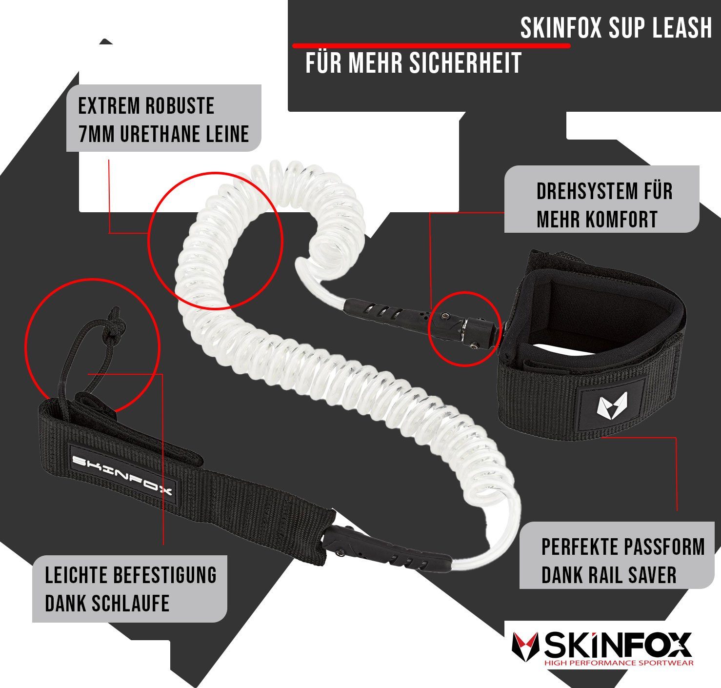 Skinfox SUP-Leash SKINFOX Leash SUP Fussleine Coiled Leine für Stand Up Paddle Board und Surfboard