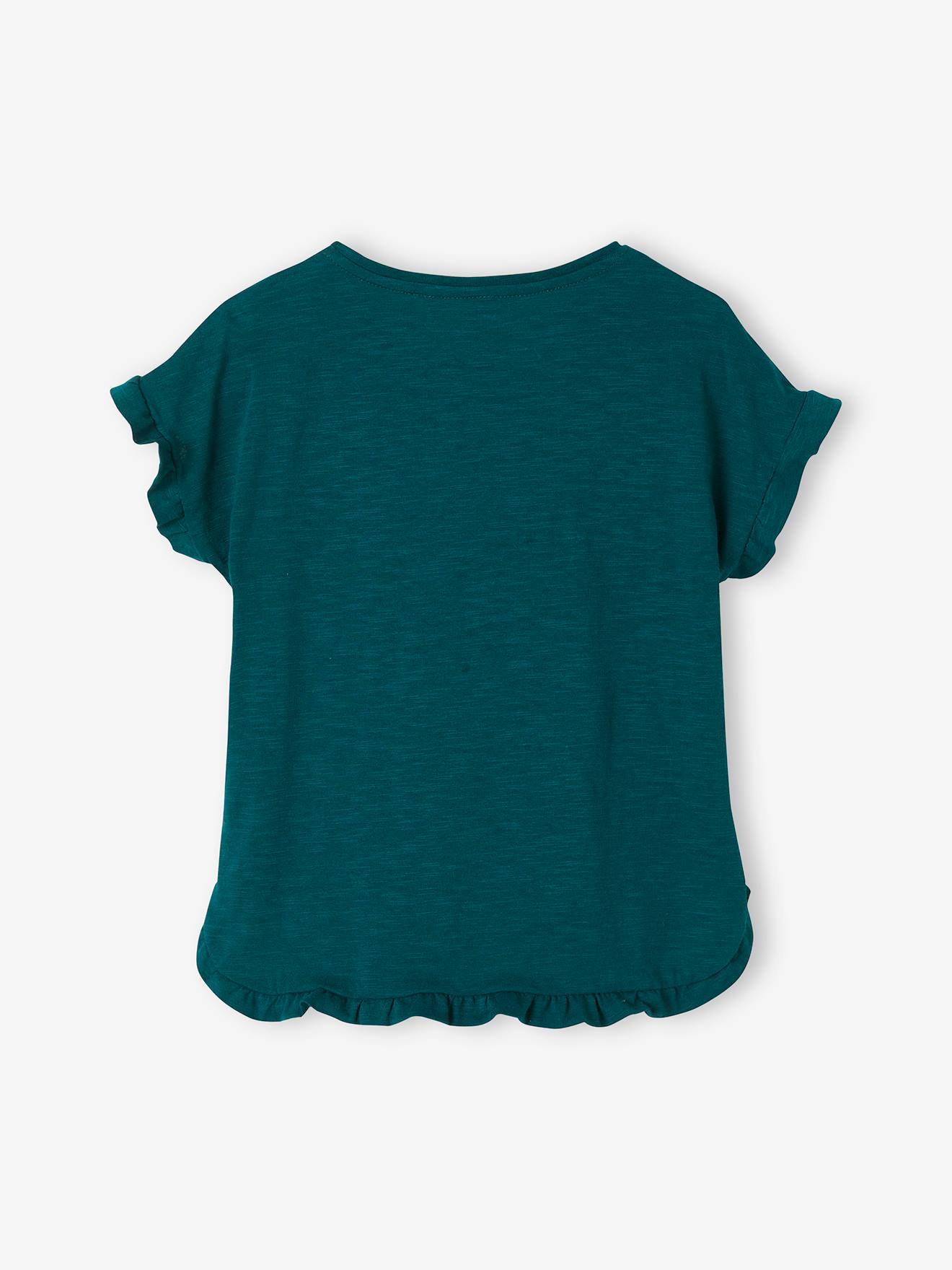 Vertbaudet Mädchen T-Shirt mit Pailletten-Print und Volants Oeko-Tex - aqua
