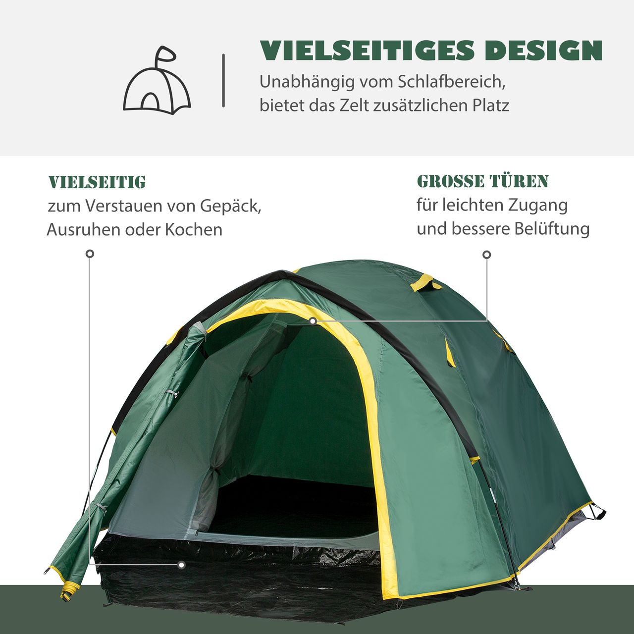 Outsunny Zelt für 3-4 Personen 190T Campingzelt mit Heringen Grün Gelb 325 x 183 x 130 cm