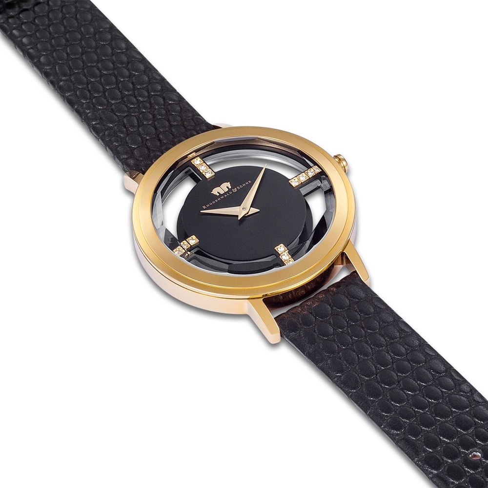 Rhodenwald & Söhne Montre à quartz Lucrezia en Or jaune Cuir véritable en Noir Montre