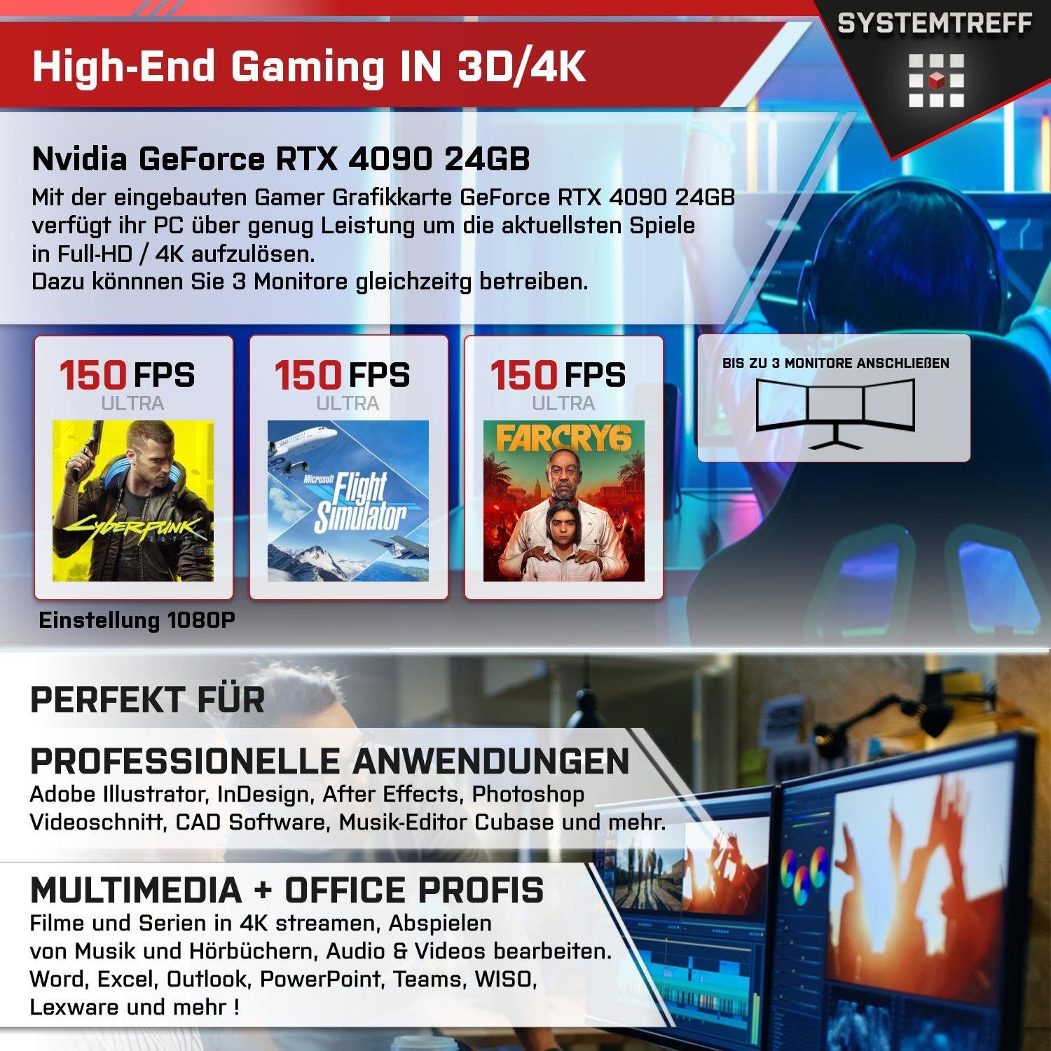 SYSTEMTREFF Gaming-PC (Intel Core i9 13900K, GeForce RTX 4090, 32 GB RAM, 2000, 2000 GB SSD, Wasserkühlung, Windows 11, WLAN)