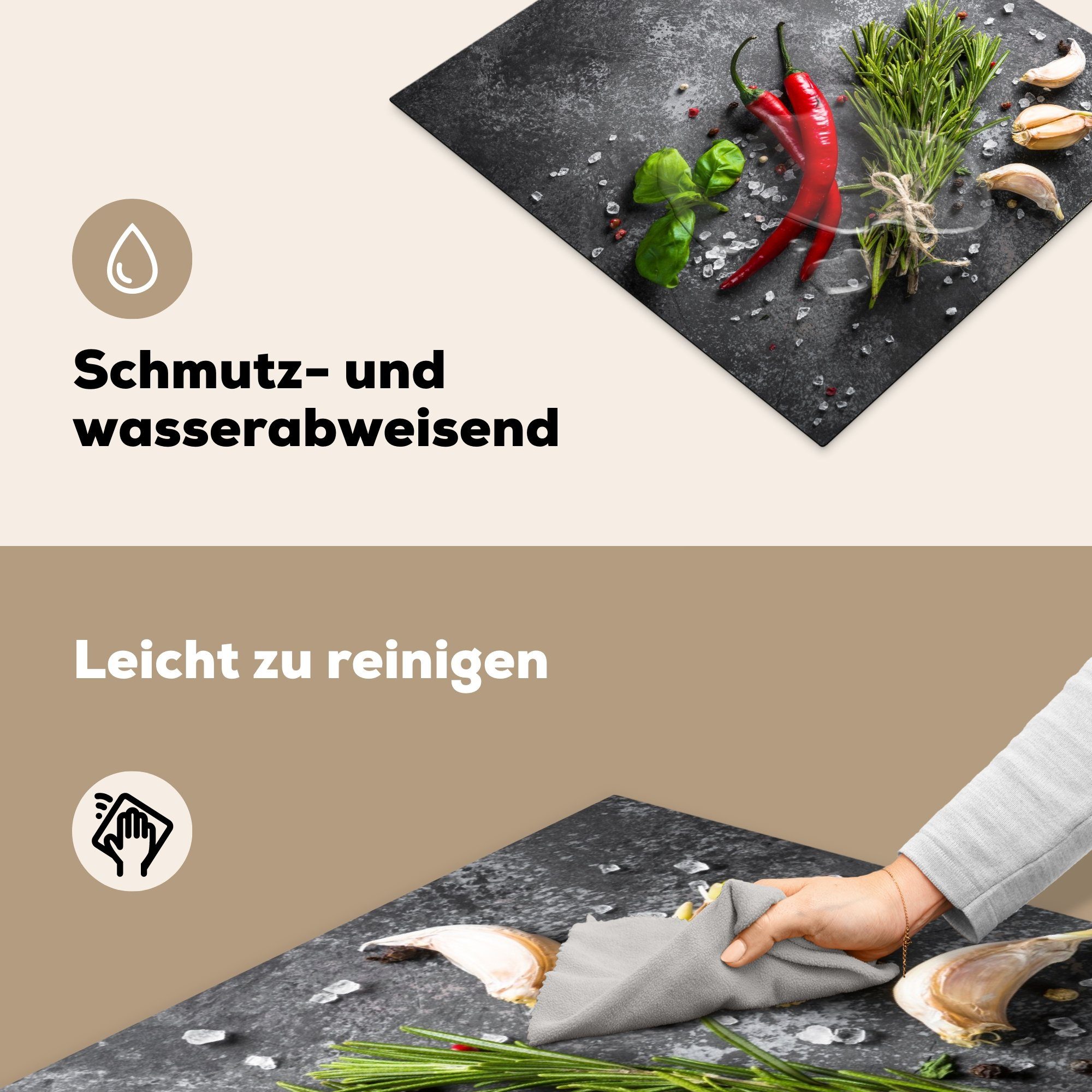 MuchoWow Herdblende-/Abdeckplatte Pfeffer - Kräuter - Gewürze - Beton, Vinyl, (1 tlg), 60x52 cm, Mobile Arbeitsfläche nutzbar, Ceranfeldabdeckung