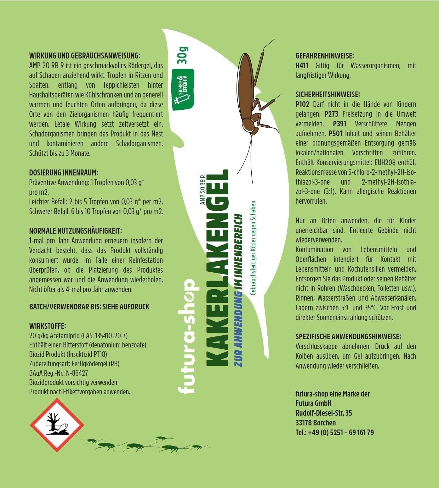 Futura-Shop Insektenvernichtungsmittel Schabengel Schaben Kakerlaken Köder Gel Schabenbekämpfung, 30 g, Schabenmittel