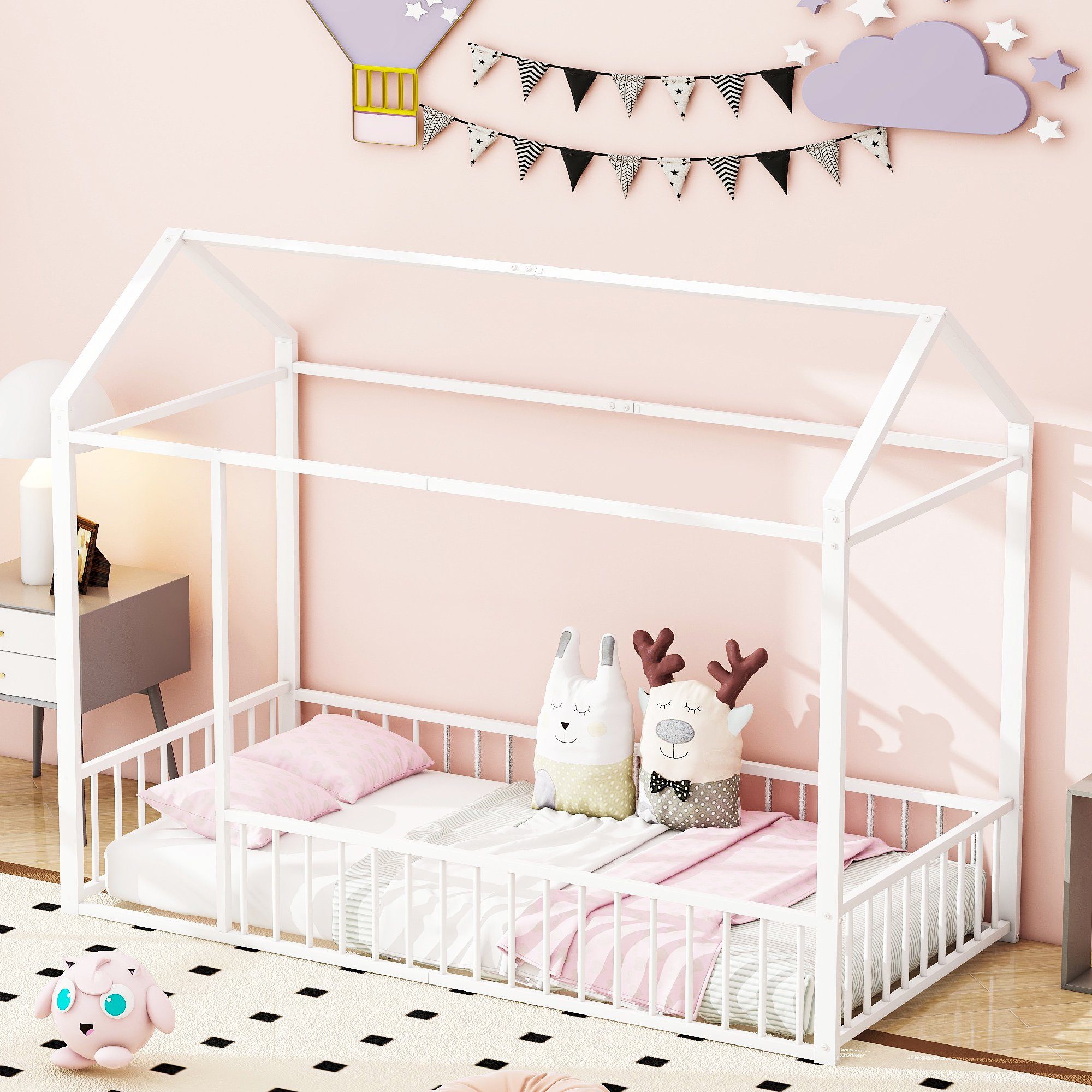 Flieks Metallbett, Kinderbett Hausbett Einzelbett 90X200cm mit Dach ohne Lattenrost