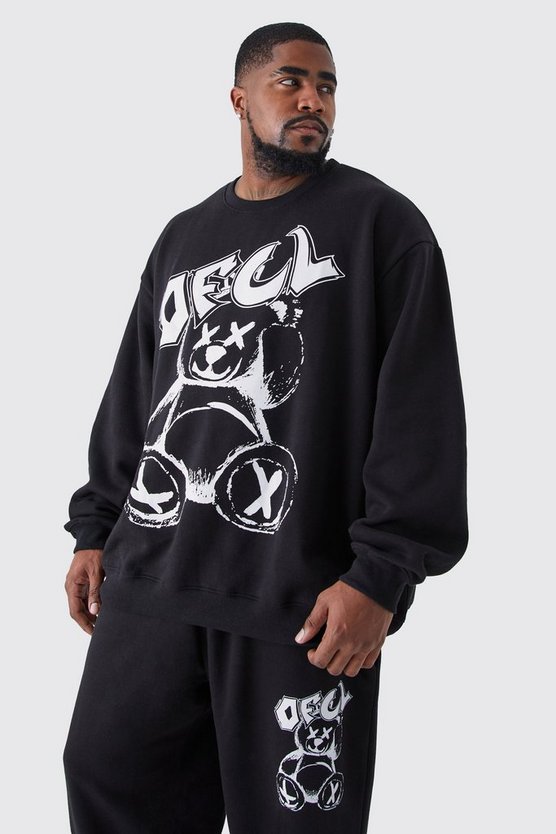 Plus Oversize Sweatshirt-Trainingsanzug mit Teddy-Print