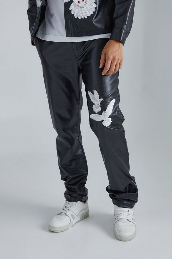 Bestickte PU-Hose mit geradem Bein und Reißverschluss