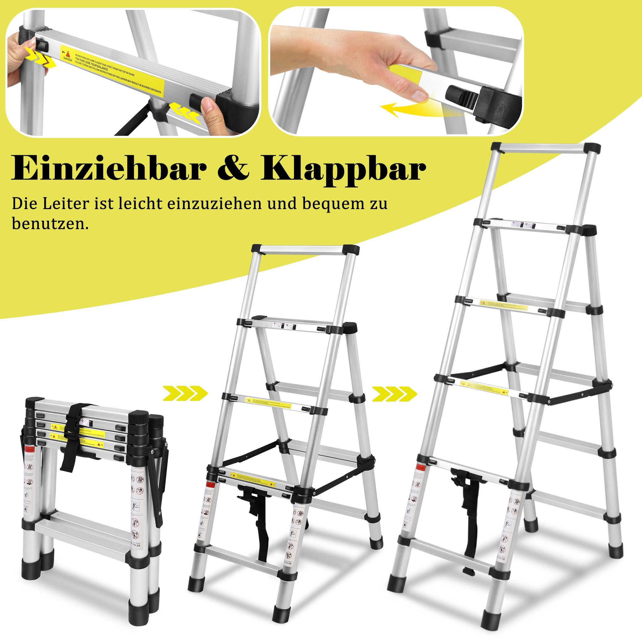 UISEBRT Teleskopleiter Klappbar Teleskopleiter Alu Mehrzweckleiter, 1,4m+1,7m