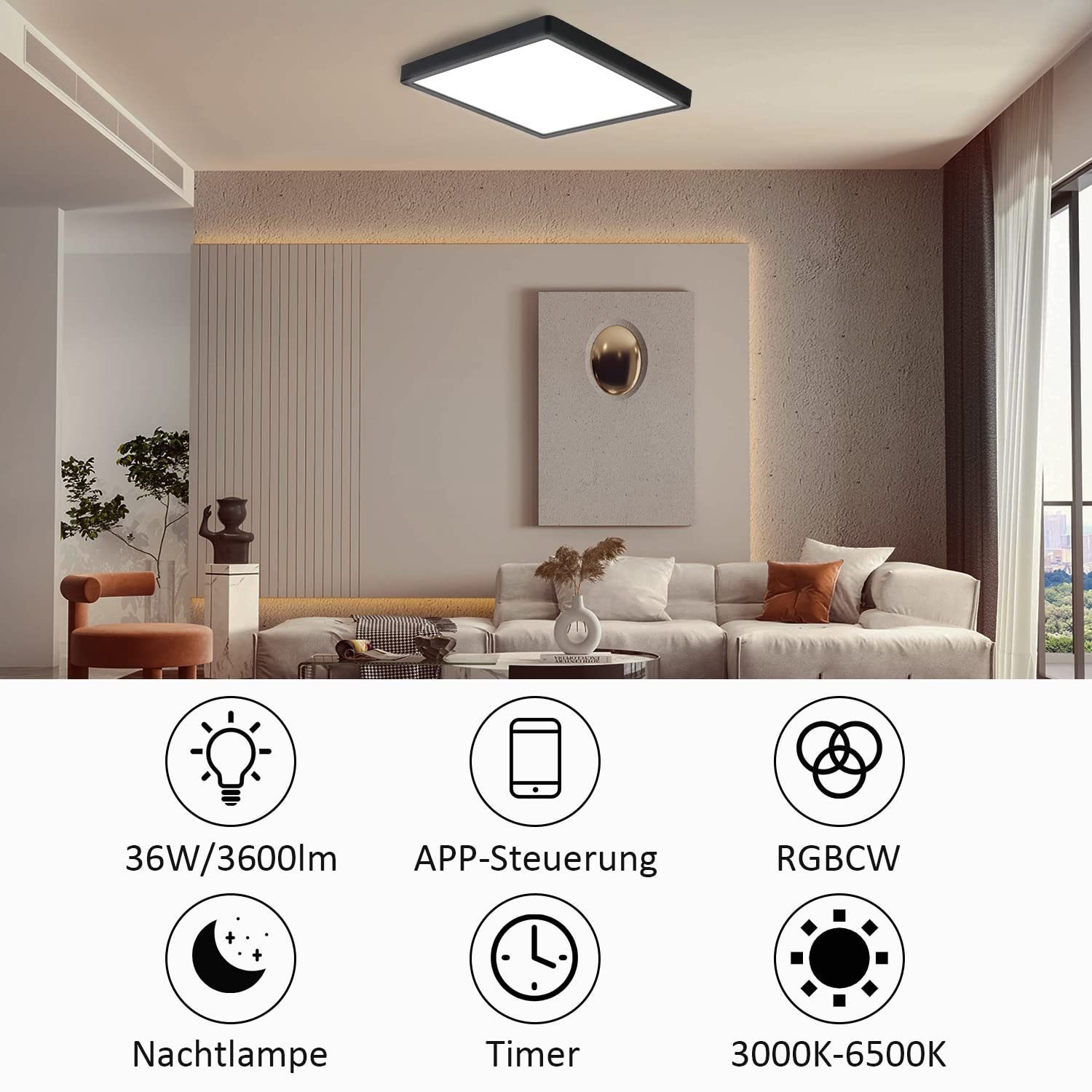 Nettlife LED Panel Dimmbar mit Fernbedienung RGB/Smart-APP steuern 40W, ‎RGB Backlight, LED fest integriert, Warmweiß Neutralweiß Kaltweiß, für Schlafzimmer Küche Wohnzimmer, 29.5 x 29.5 x 2.5 cm