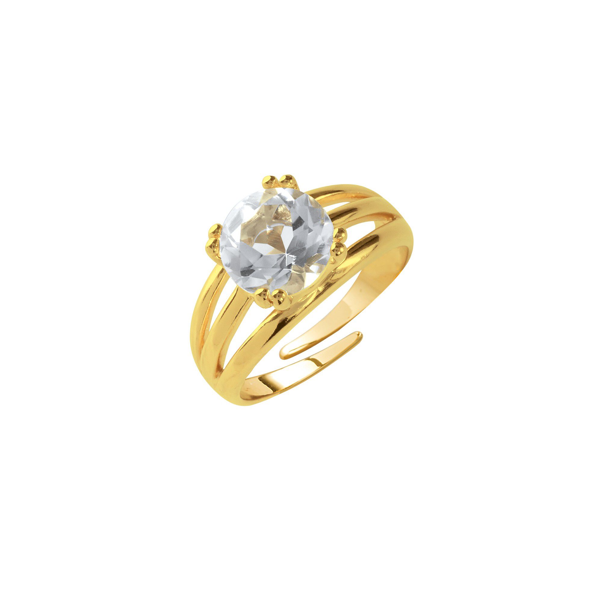 Bague triple ajustable dorée à l'or fin et Cristal de Roche