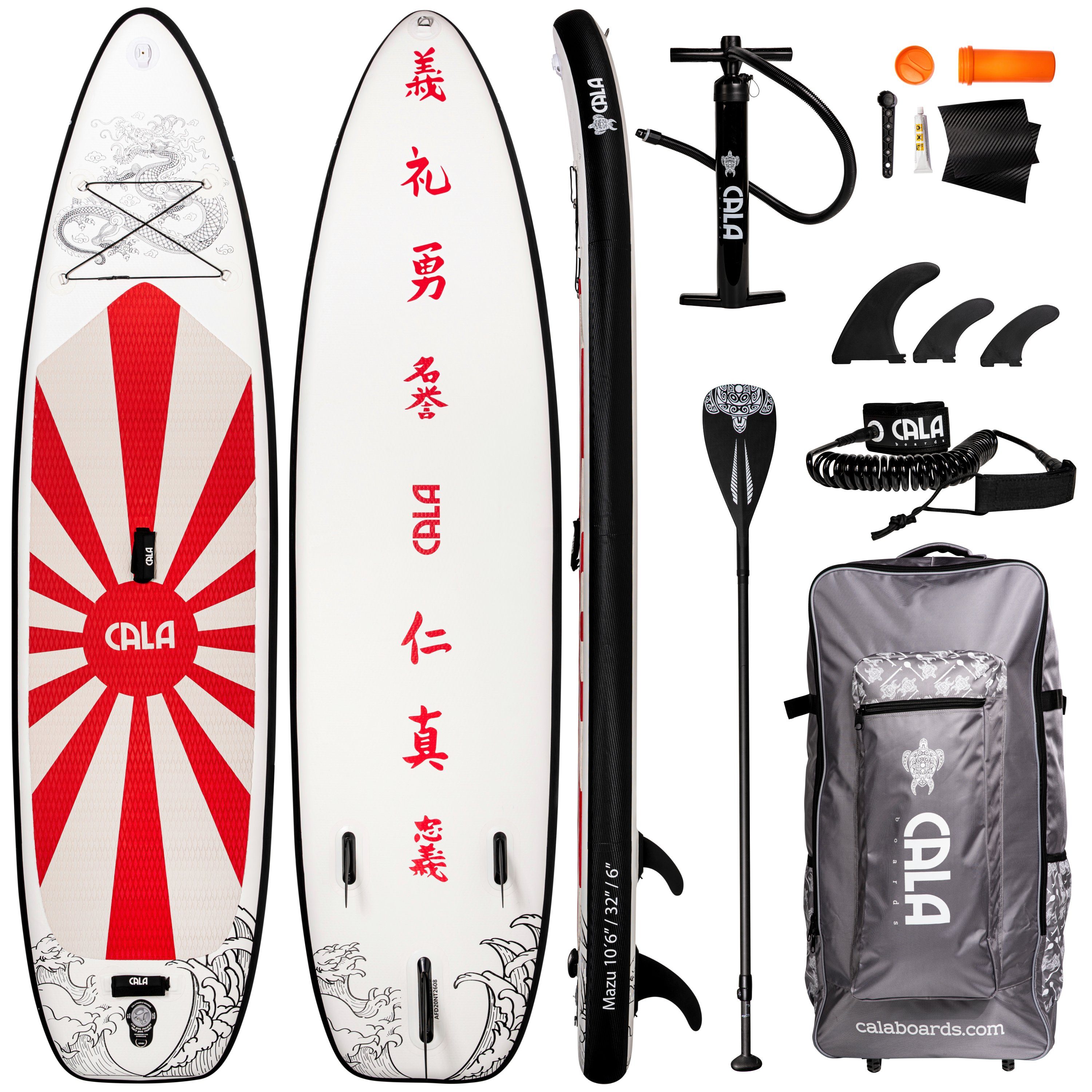 CALA SUP-Board MAZU, SUP- Board, aufblasbar, (Komplett-Set, SUP BOARD inkl. Rucksack-Trolley, Leash zu Sicherung, 3 abnehmbaren Finnen, Double Action Pumpe, Carbon-Paddel (775g), Reparatur Kit und Kamera Halterung), Allrounder für Anfänger und Fortge