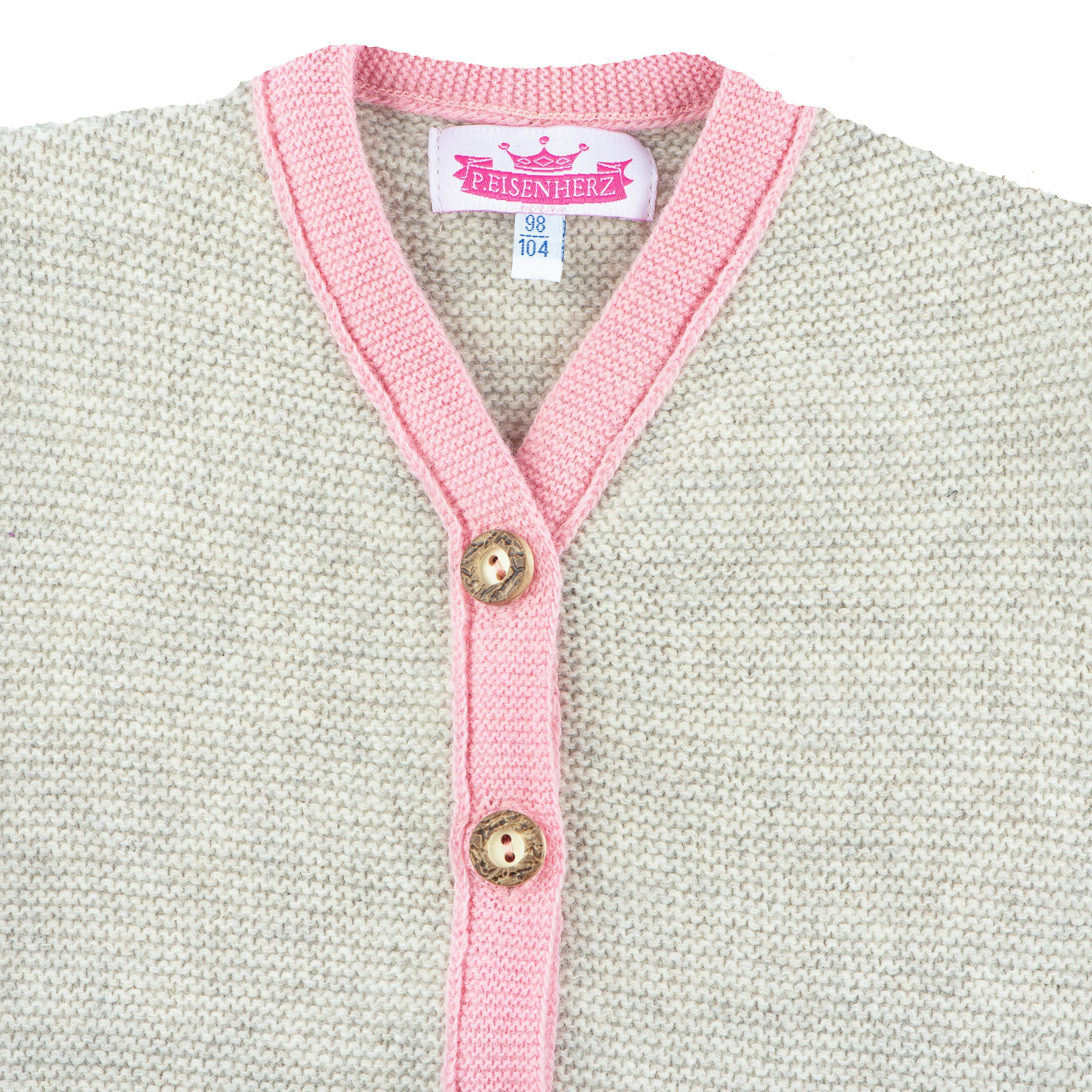 P.Eisenherz Trachtenstrickjacke Strickjacke beige/rosa beige aus Merinowolle in Linksstrick
