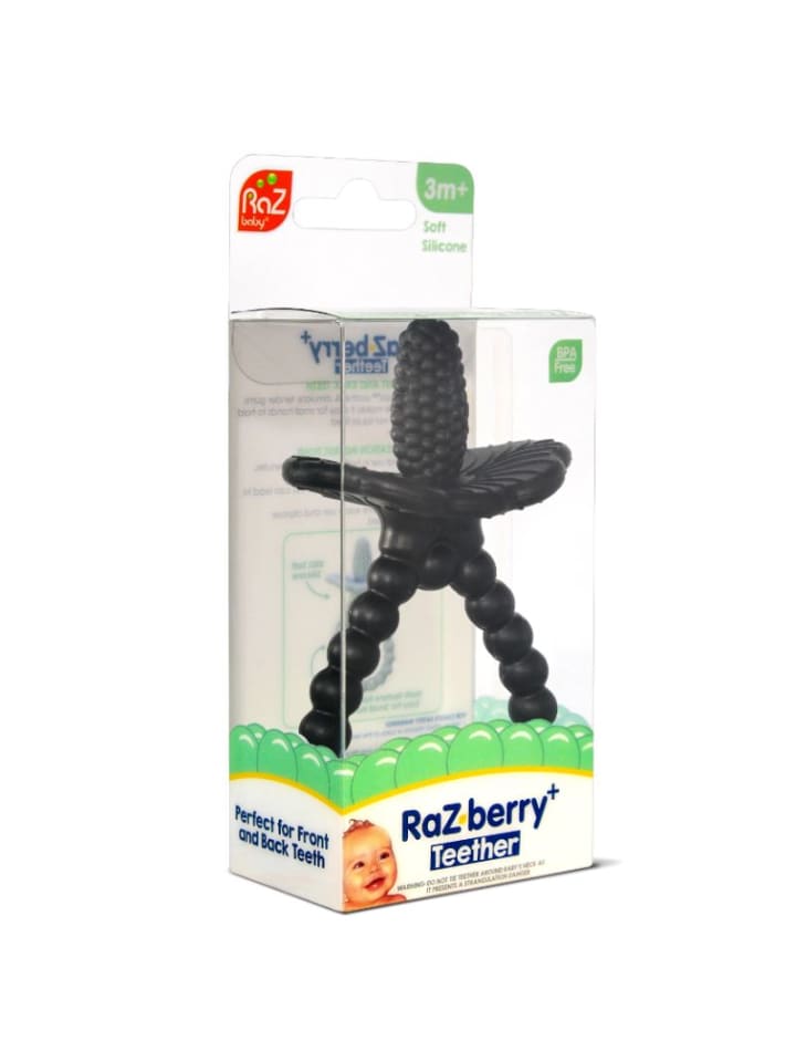 RaZbaby Baby Beißring Himbeere aus Silikon - Zahnungshilfe ab 3 Monaten in Schwarz günstig kaufen onesize