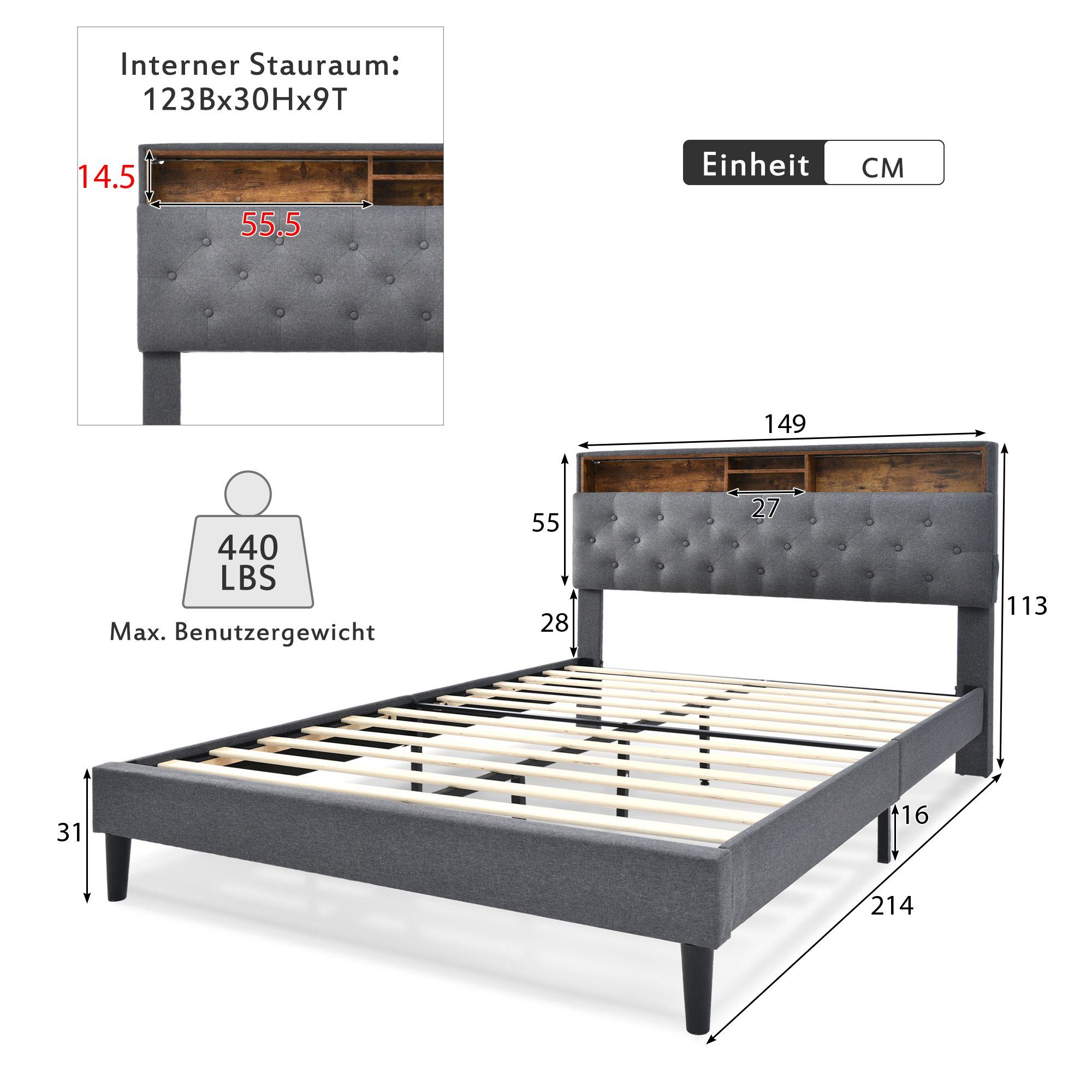 Ulife Polsterbett Doppelbett mit LED-Beleuchtung (Packung, 1 Bett), mit aufladen USB und LED-Beleuchtung Bettgestell