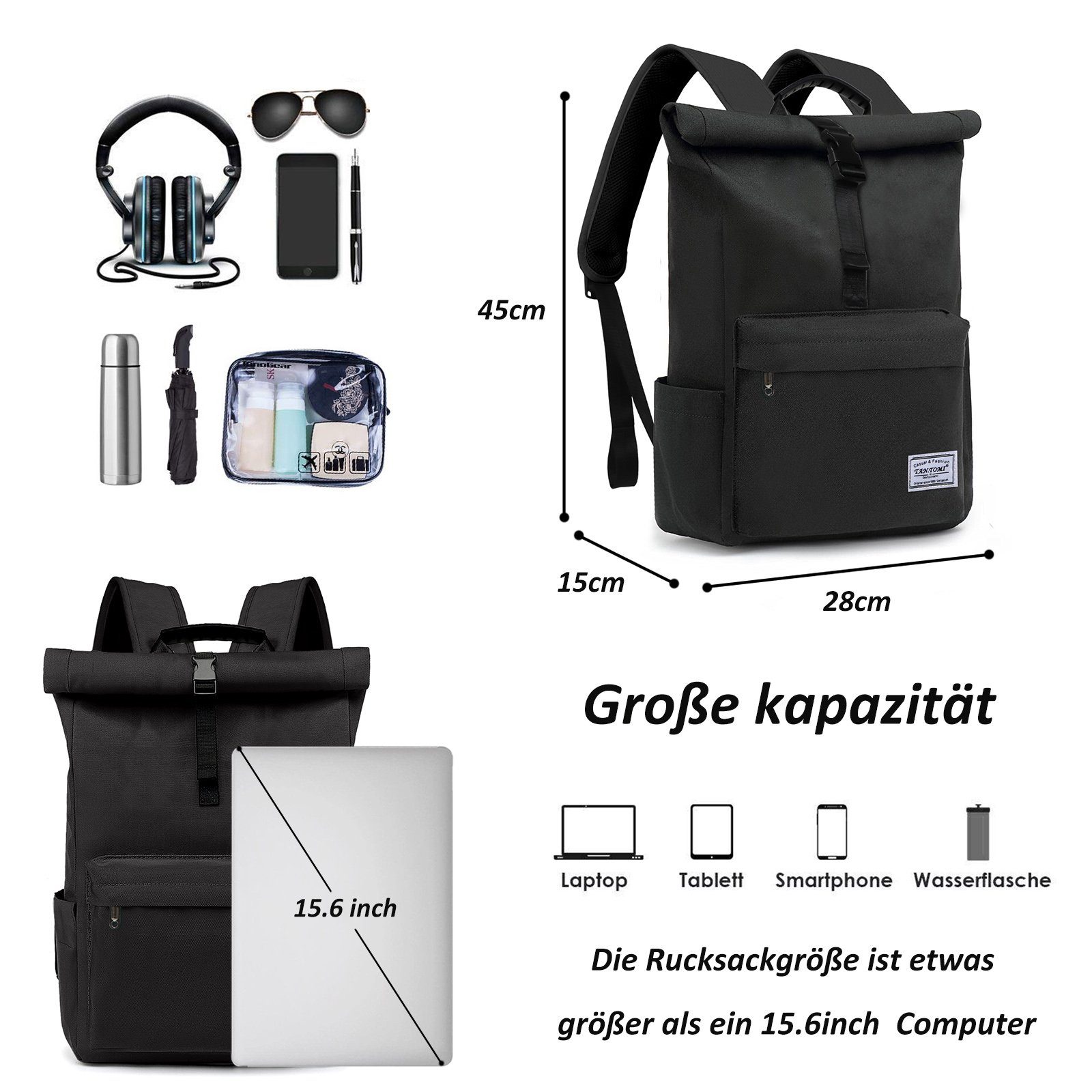 TAN.TOMI Cityrucksack Rucksack Damen Herren Tagesrucksack mit Laptopfach, Modern Rolltop Rucksack Daypack, Wasserdichter