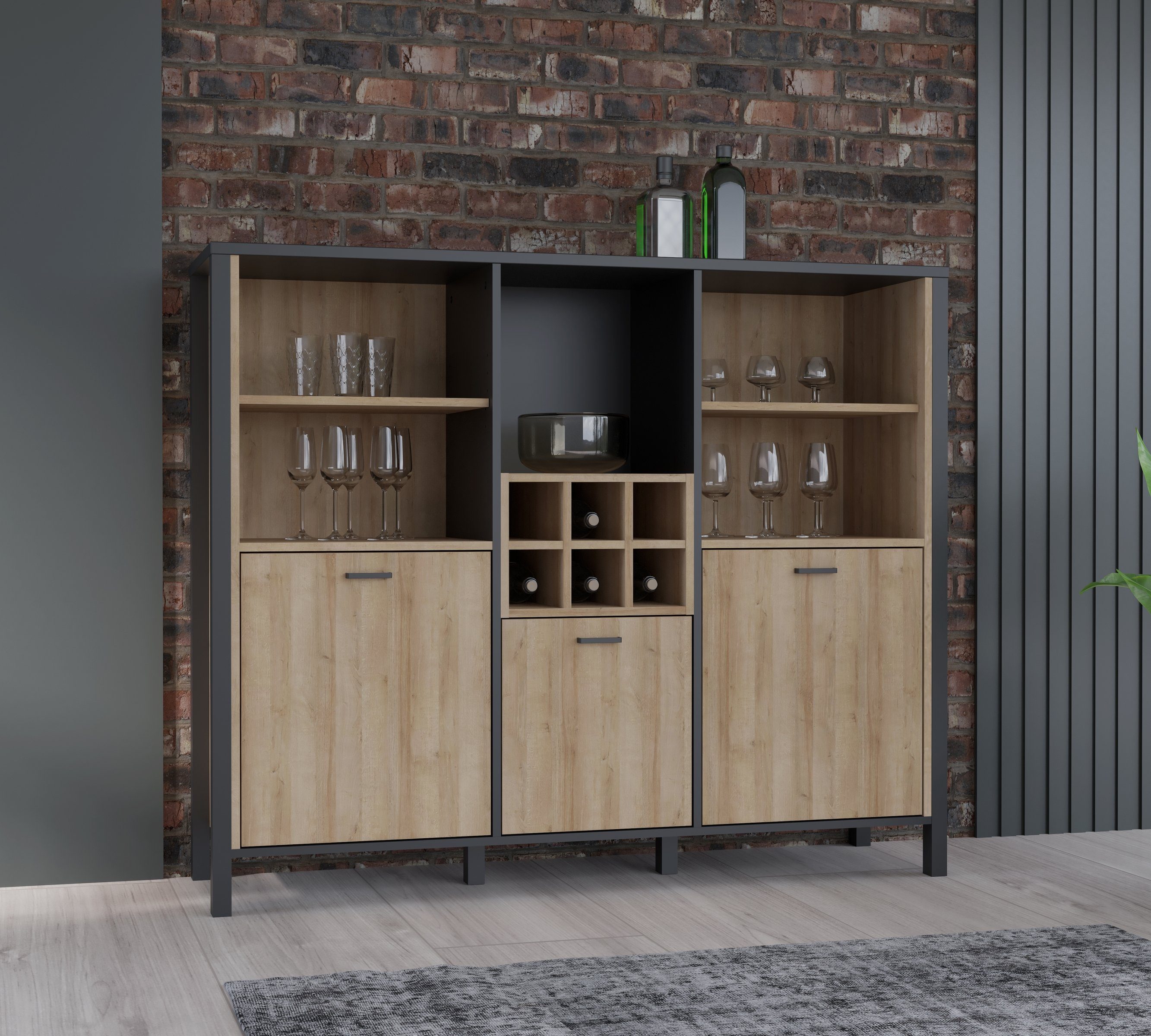 möbelando Barschrank Hialeah Barschrank im Industrial-Design aus Spanplatte in Riviera Eiche Nachbildung, Gestell in Schwarz mit 3 Holztüren, 4 Einlegeböden, 6 Flaschenfächern und 5 offenen Fächern. Breite 139,4 cm, Höhe 117,1 cm, Tiefe 40,2 cm