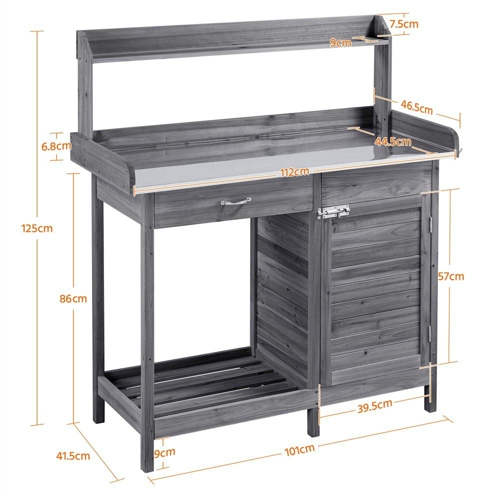 Yaheetech Pflanztisch Garten Pflanztisch mit Schubladen & Unterschrank, Outdoor Gärtnertisch Holzpflanztisch mit verzinkt Arbeitsplatte