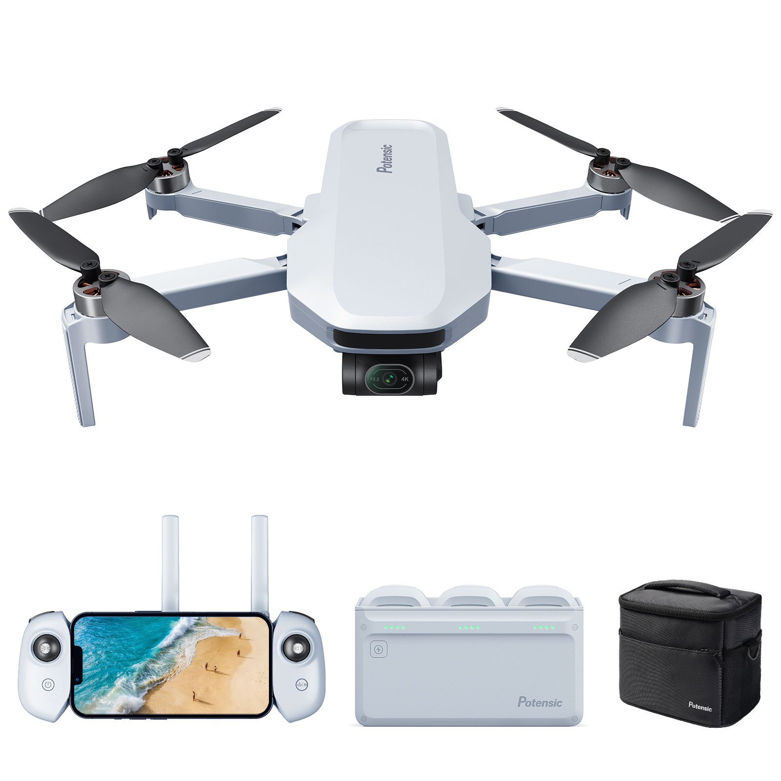 Potensic Atom Fliegen Sie mehr Kombi, 96 Min. Flugzeit, 3-Achsen-Gimbal Quadrocopter (4K, 6KM Übertragung PixSync 3.0, visuelle Verfolgung, QuickShots, RTH)