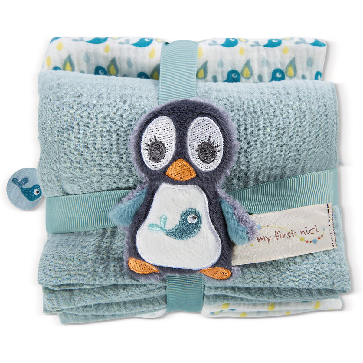 Mulltuch 2er-Set 60x60 cm mit Greifling Pinguin Watschili (48048)