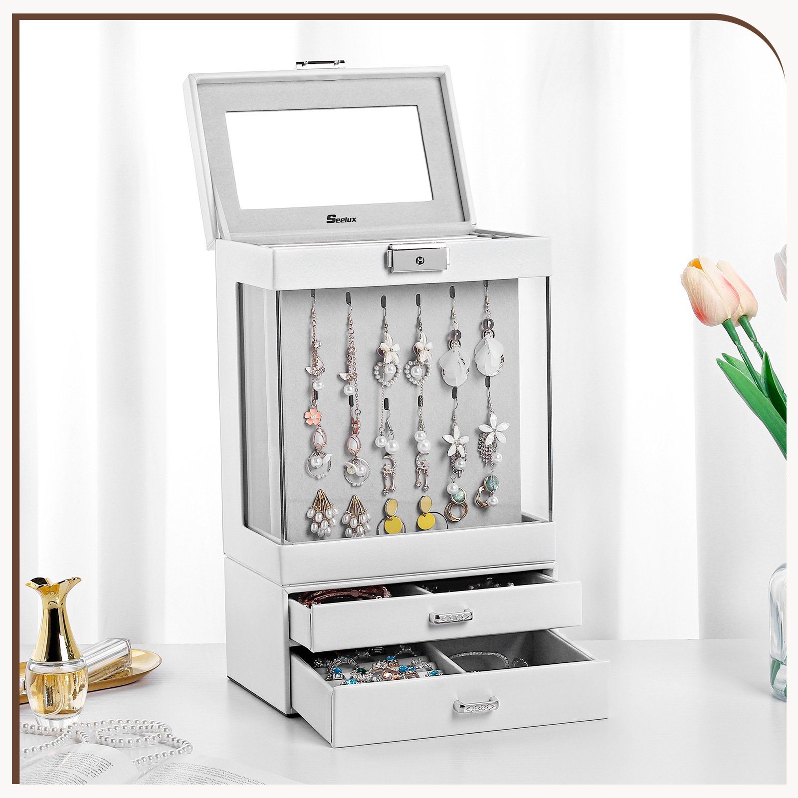 Yorbay Schmuckkasten Zweiteiliger Schmuckkoffer mit 4 Karten und 2 Schubladen, Weiß (Abschließbare Schmuckschatulle, Mit großem Sichtfenster, Mit Spiegel), Schmuckkästchen für Halsketten, Ringe, Armbänder, Ohrringe, Uhren