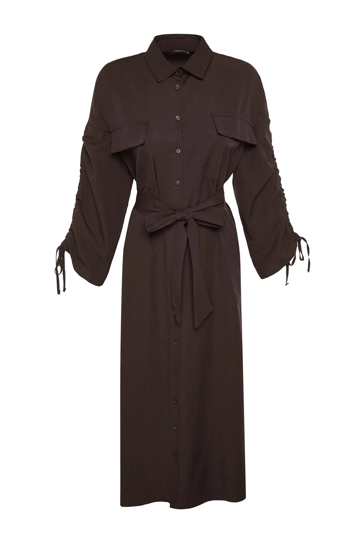 Trendyol Modest  Braunes Hemdblusenkleid aus gewebter Baumwolle mit Gürtel und verstellbaren Ärmeln TCTSS23EB00365