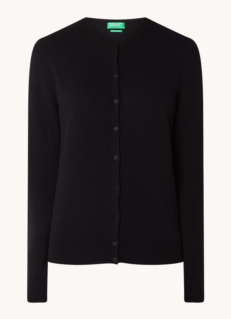 Cardigan Benetton cu guler rotund, confecționat din lână fină.