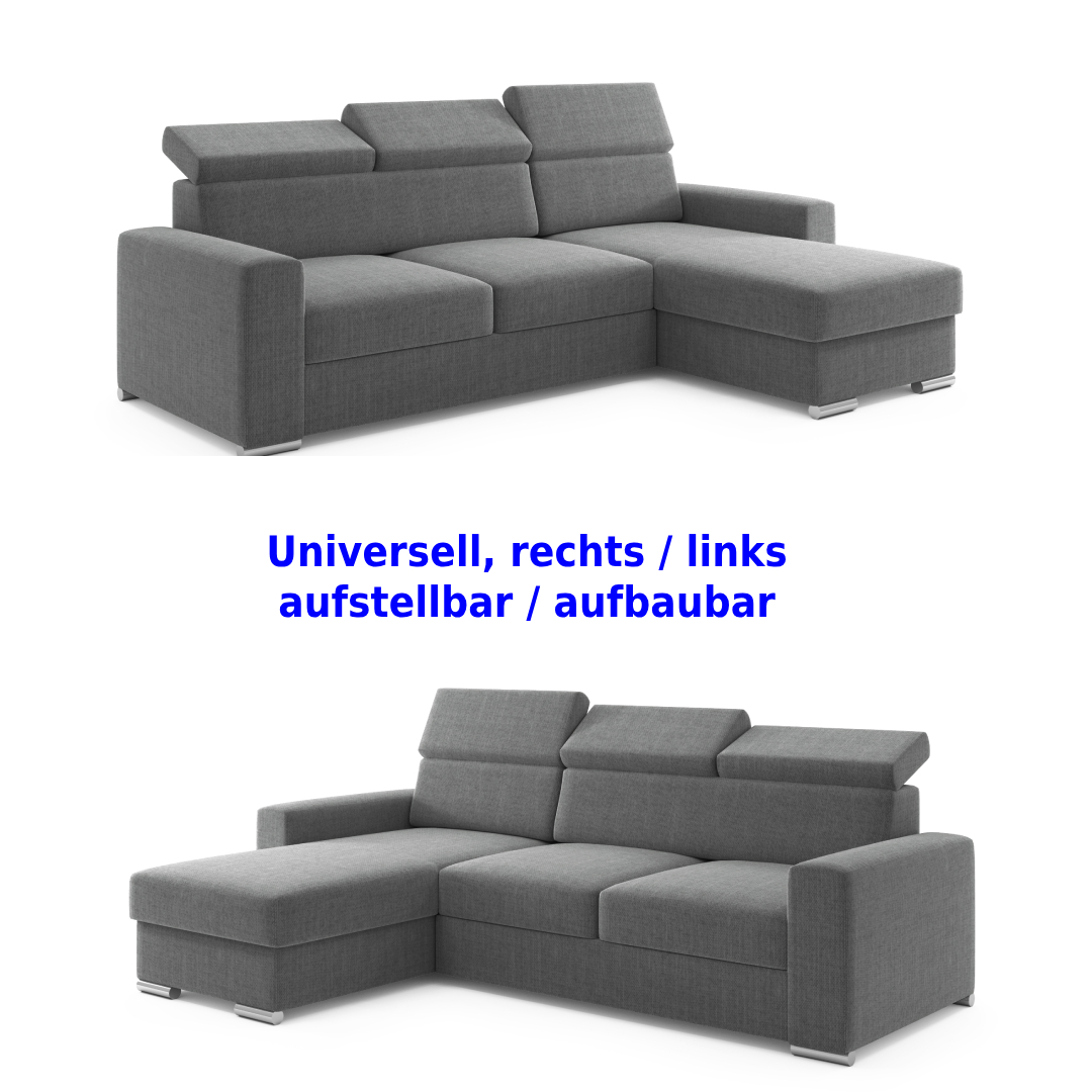 Möbel Punkt Ecksofa TOKIO Webstoff Anthrazit Grau mit Bett und Bettkasten Sofa Schlafsofa