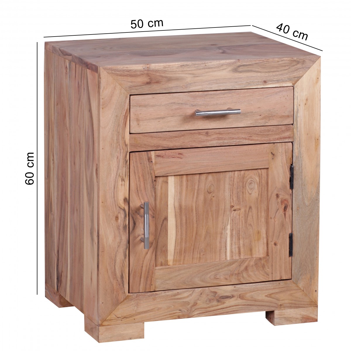 Wohnling Nachttisch Massivholz Akazie Design Nachtkommode 60 cm mit Schublade und Tür Nachtschrank für Boxspringbett