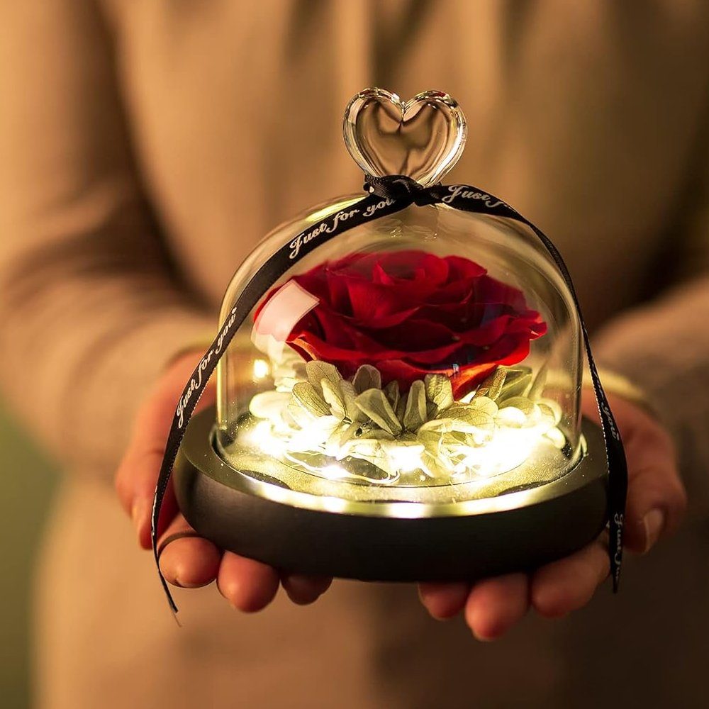 Kunstblume Blume Konservierte Rose Ewige Rose LED Lichterkette Hochzeit, AKKEE, Höhe 13 cm, Geschenke für Valentinstag, Muttertag, Jubiläum, Weihnachtstag
