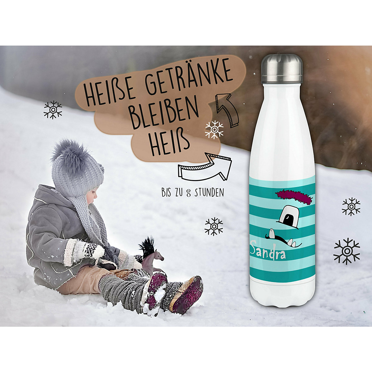 Edelstahl Kinder Thermoflasche / Trinkflasche bunt Monster Streifen Farbe türkis Spülmaschinenfest, Auslaufsicher, Bruchfest, Doppelwandig, Für Heißgetränke geeignet, Mit Deckel, Isoliert