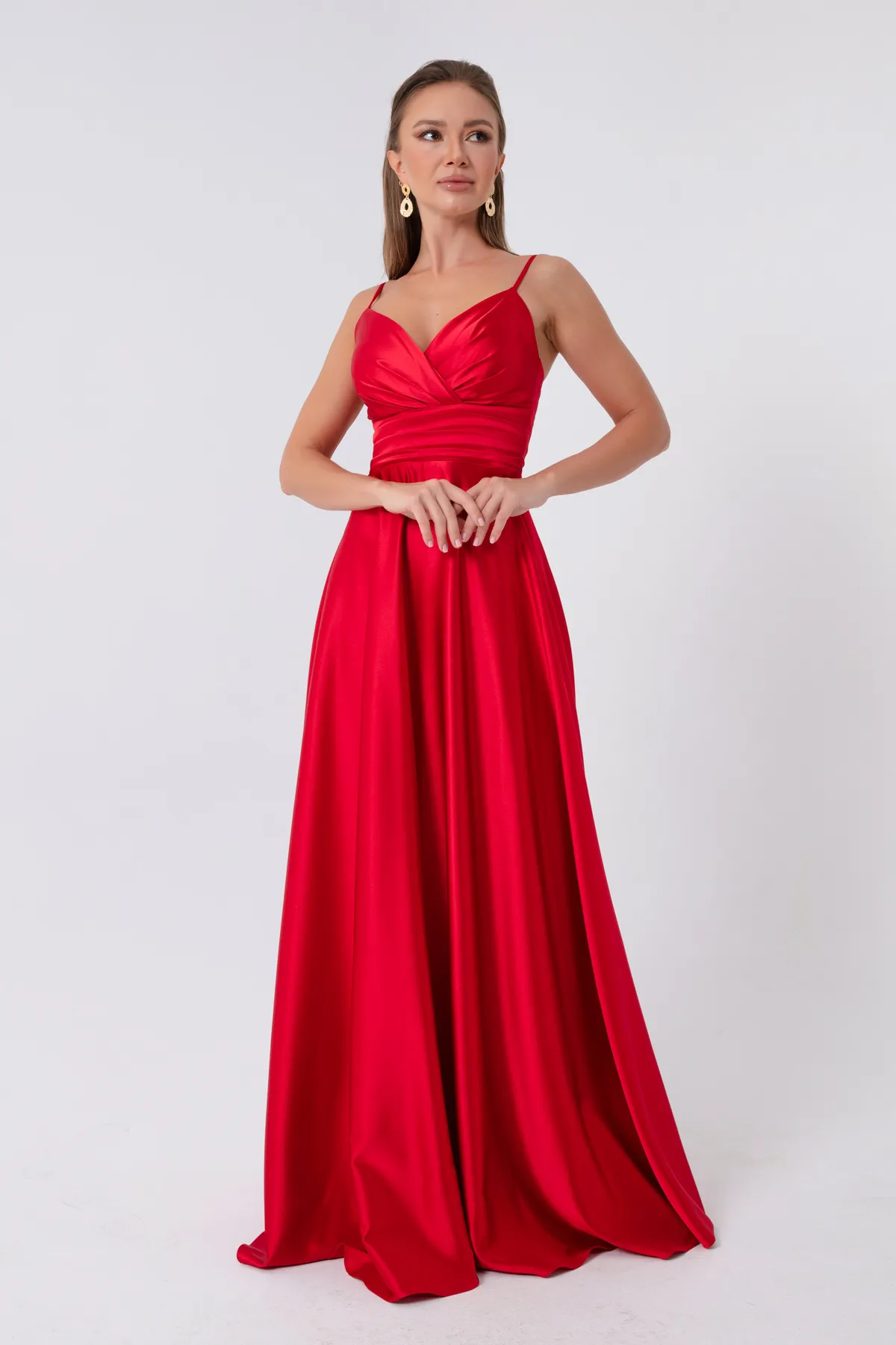 Lafaba  Langes Abendkleid aus Satin mit roten Seilträgern und Taillengürtel für Damen & Abschlussballkleid