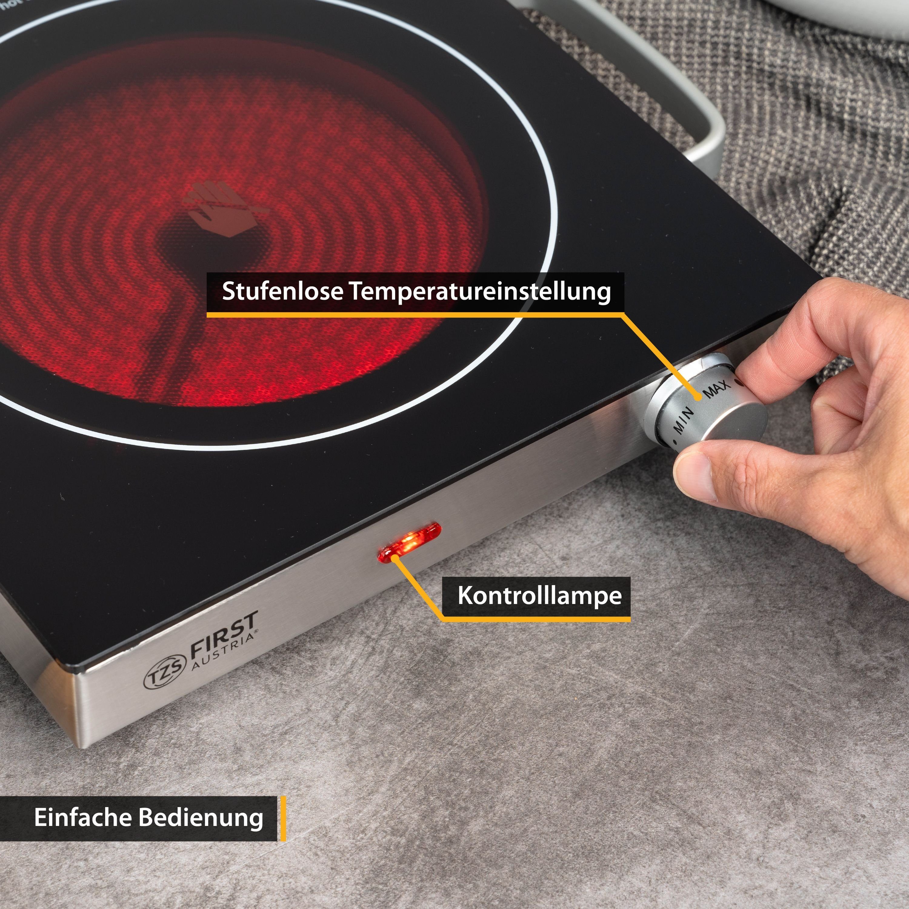 TZS FIRST AUSTRIA Doppelkochplatte Infrarot Kochplatte, 2000W, Glaskeramik, mit Griffen, mit Infrarot-Wärme, stufenlose Temperaturregelung, mobile, 17,5 cm