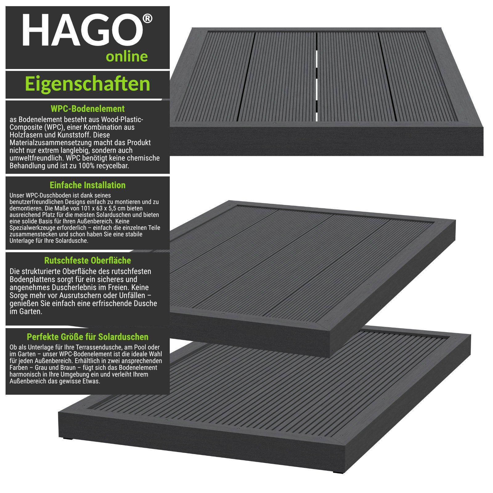 HAGO Solardusche WPC Bodenelement Gartendusche Solardusche Bodenplatte Pool Stehbrett