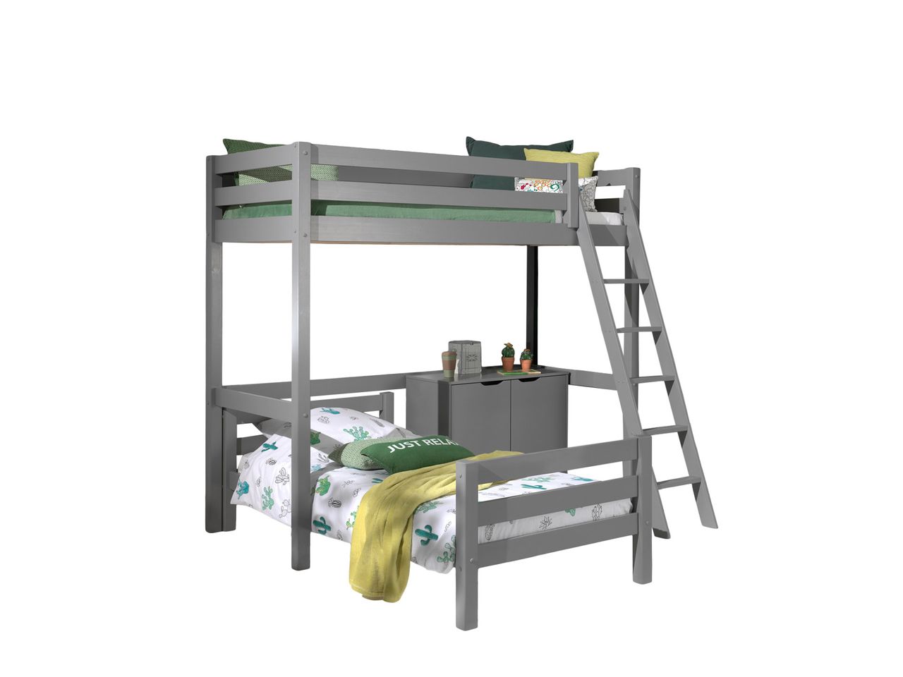 VIPACK Winkel Hochbett mit 2 Liegeflächen 90 x 200 cm und 2-trg. Kommode, Ausf. grau lackiert