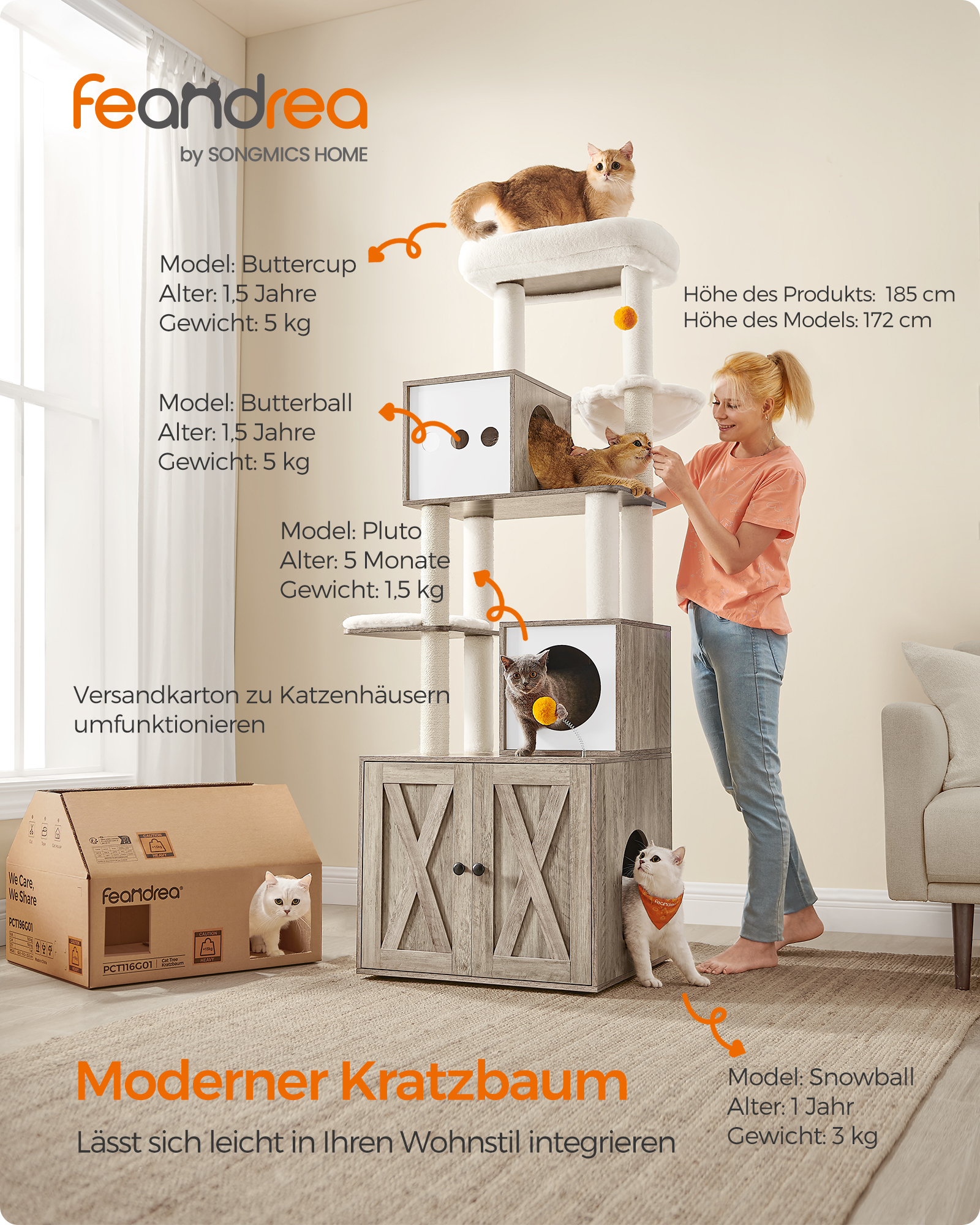 FEANDREA Kratzbäume FEANDREA Kratzbaum 185cm mit Katzenklo-Schrank vintagebraun grau