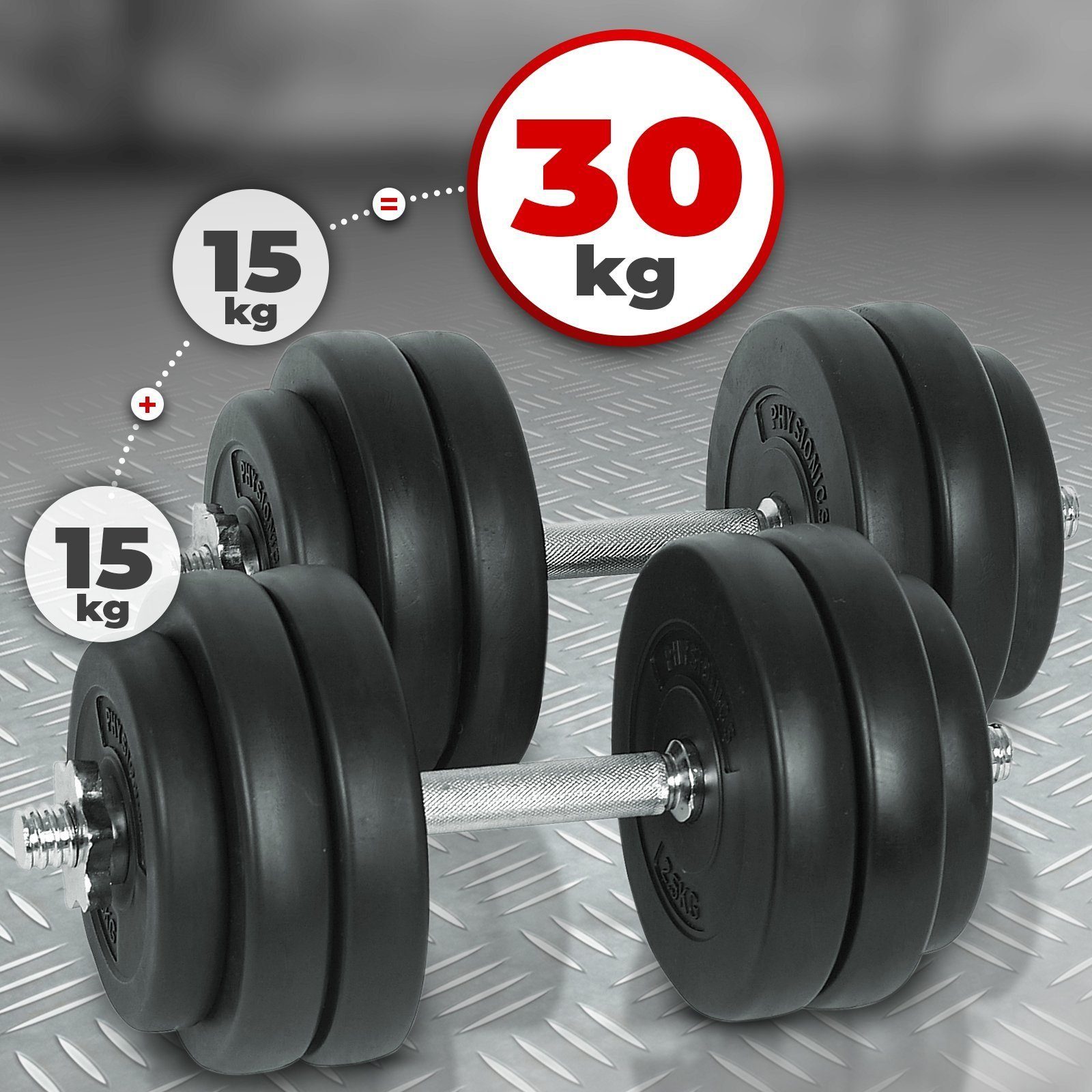 Physionics Hantel-Set Kurzhantel Set 30 kg (2 x 15 kg) Ø 25 mm - Hantelstangen, Kurzhanteln