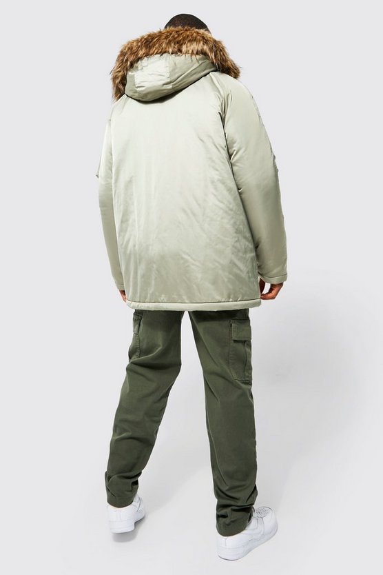 Geraffter Satin-Parka mit Kapuze mit Kunstfell-Detail