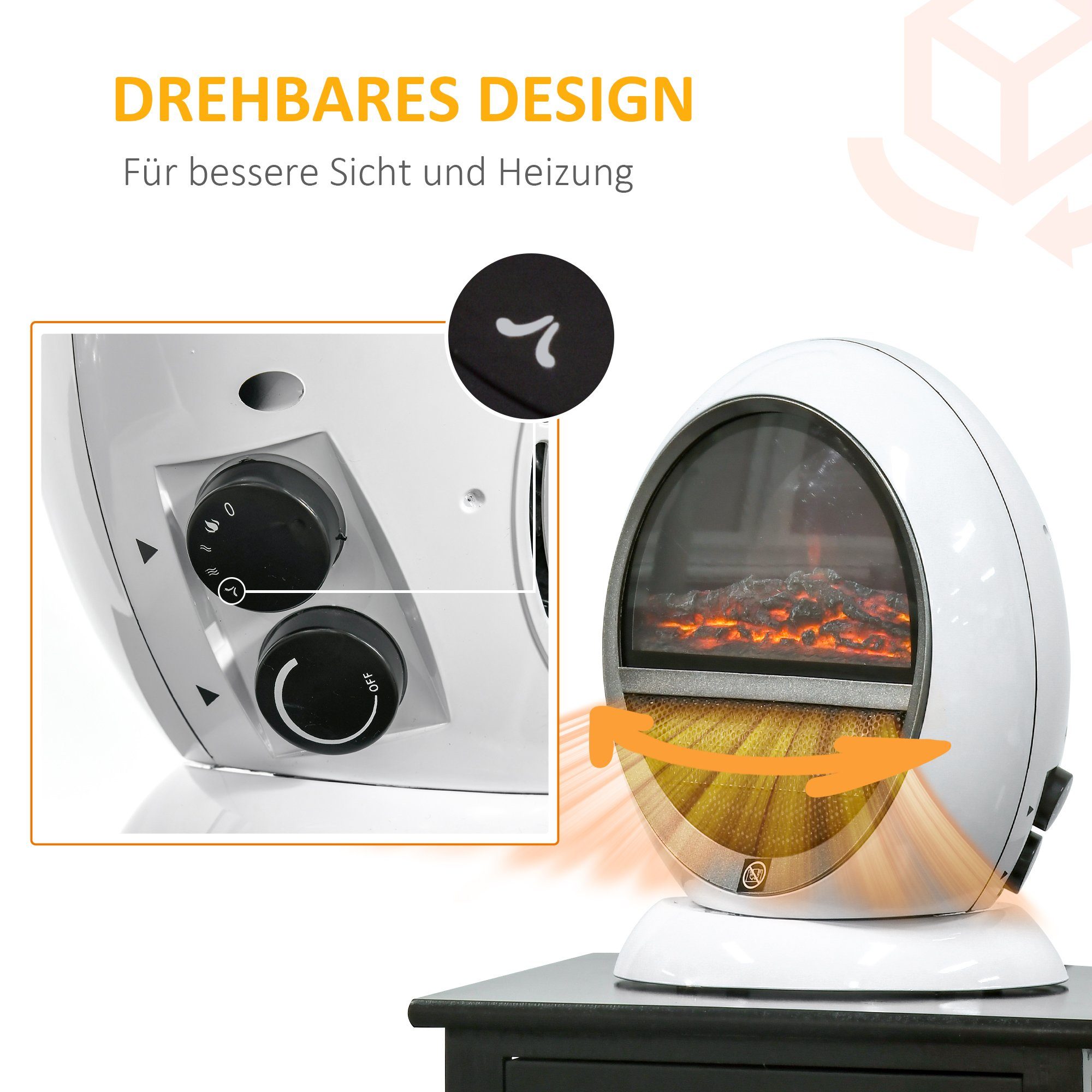 HOMCOM Elektrokamin, LED Elektrokamin Mini Tisch Standkamin mit Flammeneffekt 1500W Weiß
