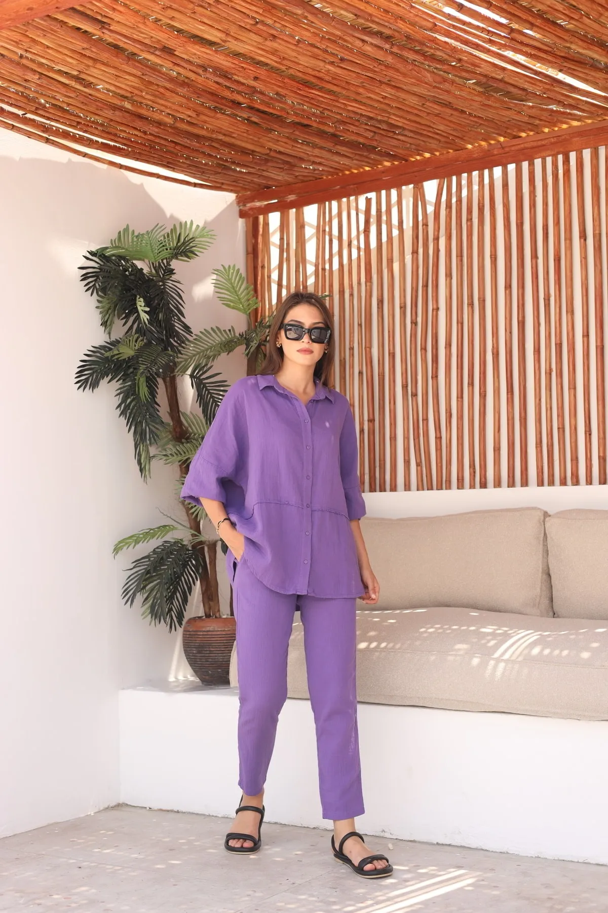 Laluvia  Lila roher Leinen-Hemd-Hose-Damenanzug