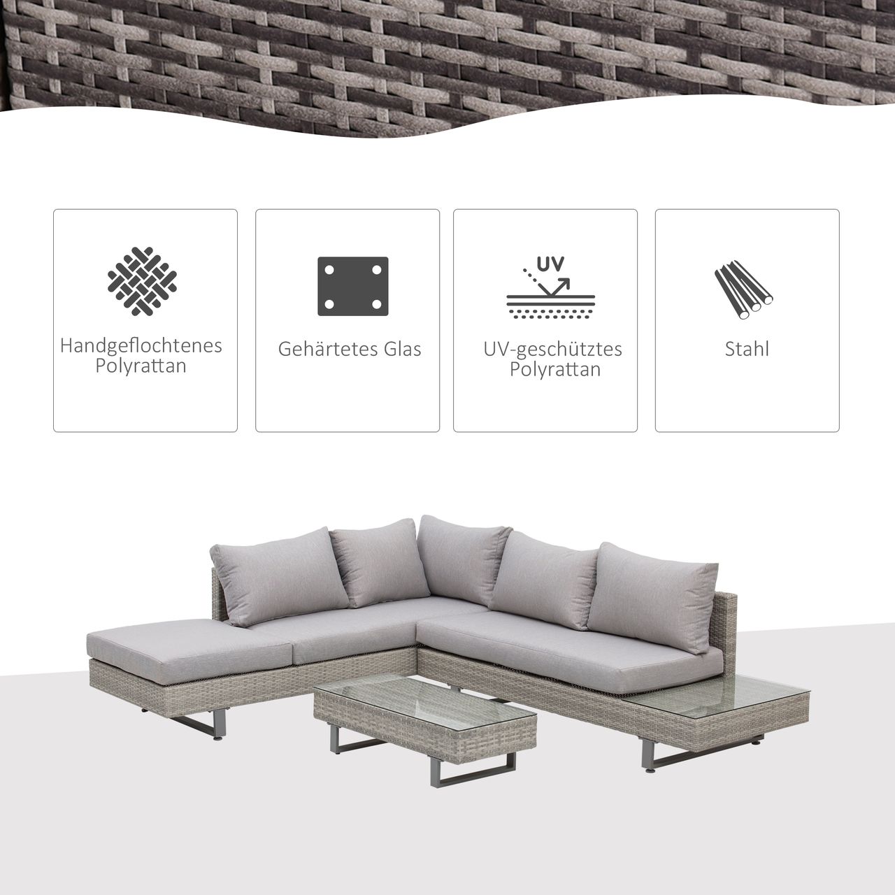 Outsunny 3-tlg. Luxus Gartengarnitur Polyrattan Garten Sitzgruppe mit Ablagen
