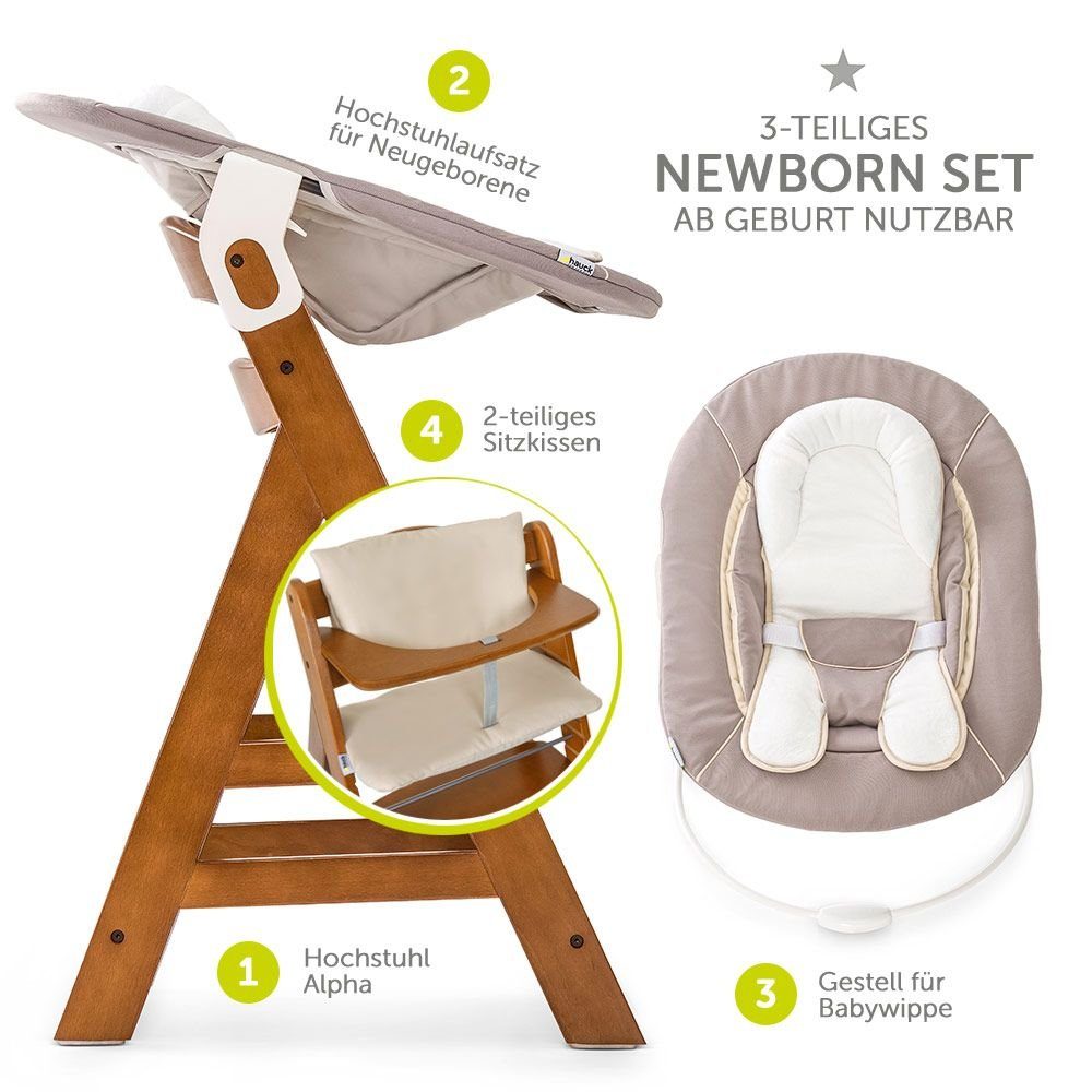 Hauck Hochstuhl Alpha Plus Walnut - Newborn Set (Set, 4 St), Holz Babystuhl ab Geburt inkl. Aufsatz für Neugeborene & Sitzauflage