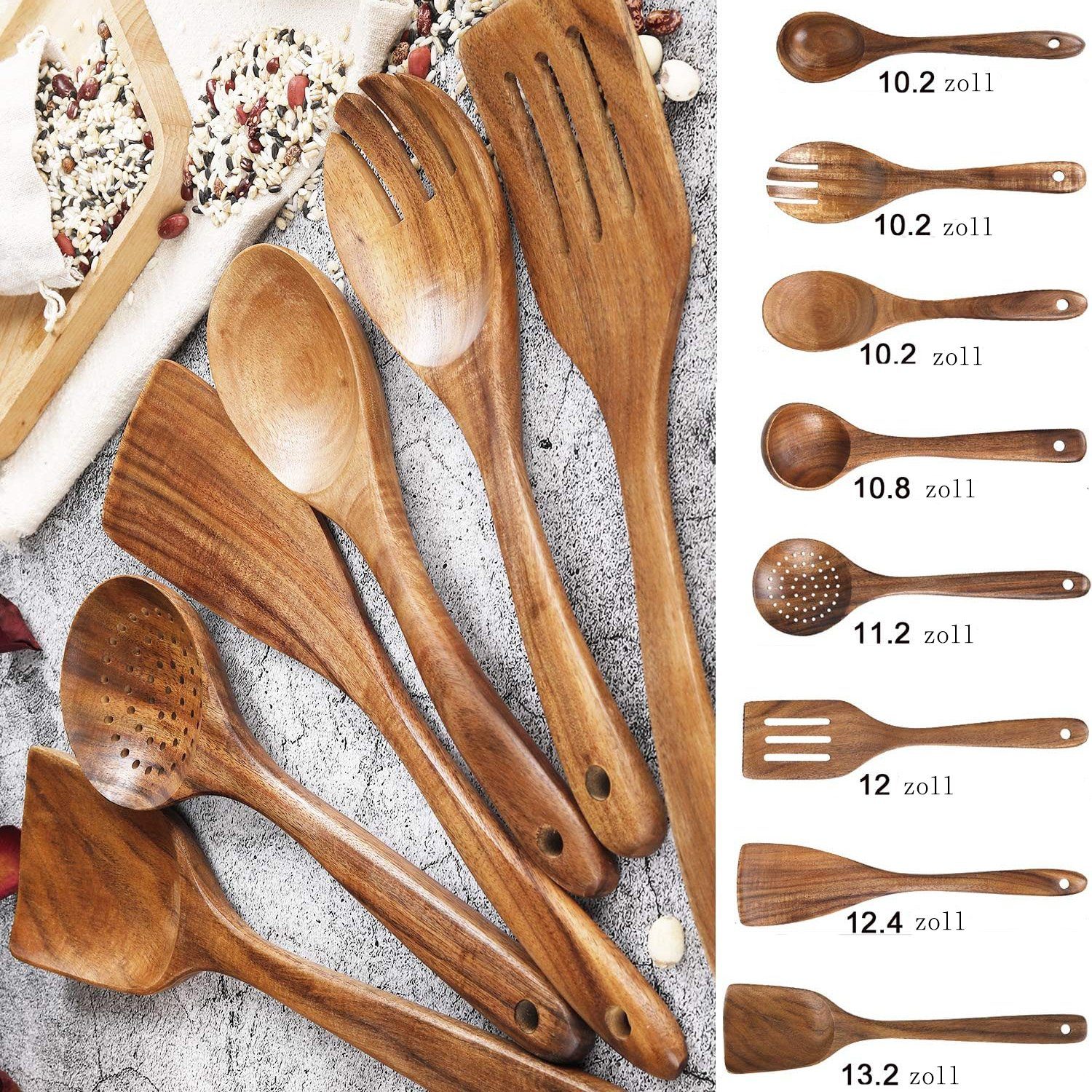 Fokelyi Kochbesteck-Set Holz Kochbesteck-Set,Kochlöffel Holz,Pfannenwender,8-Teiliges-Set