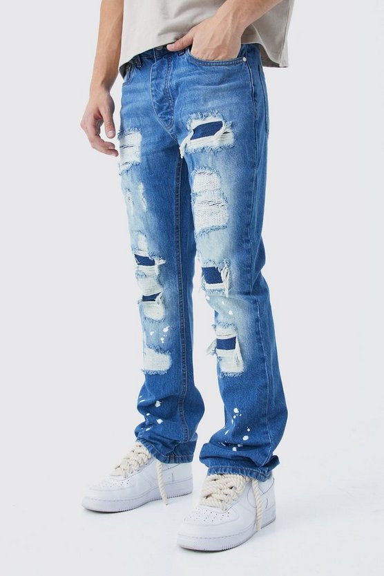 Gebleichte Slim-Fit Schlagjeans mit Rissen
