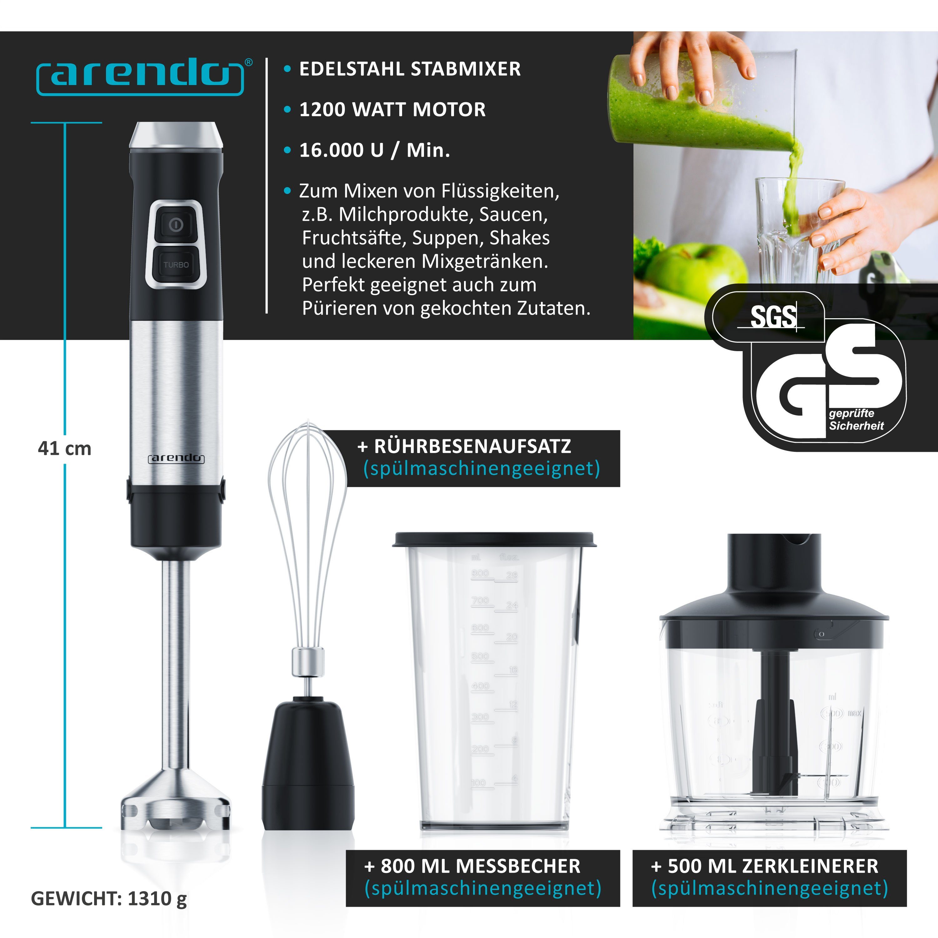Arendo Stabmixer, 1200 W, Stabmixer Edelstahl Set - Pürierstab - stufenlose Geschwindigkeit