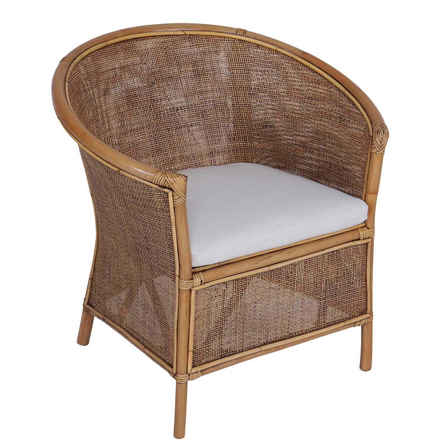 Casa Moro Rattanstuhl Rattansessel Sumatra Braun mit Kissen halbrund Loungesessel, Flechtsessel aus Natur-Rattan handgefertigt
