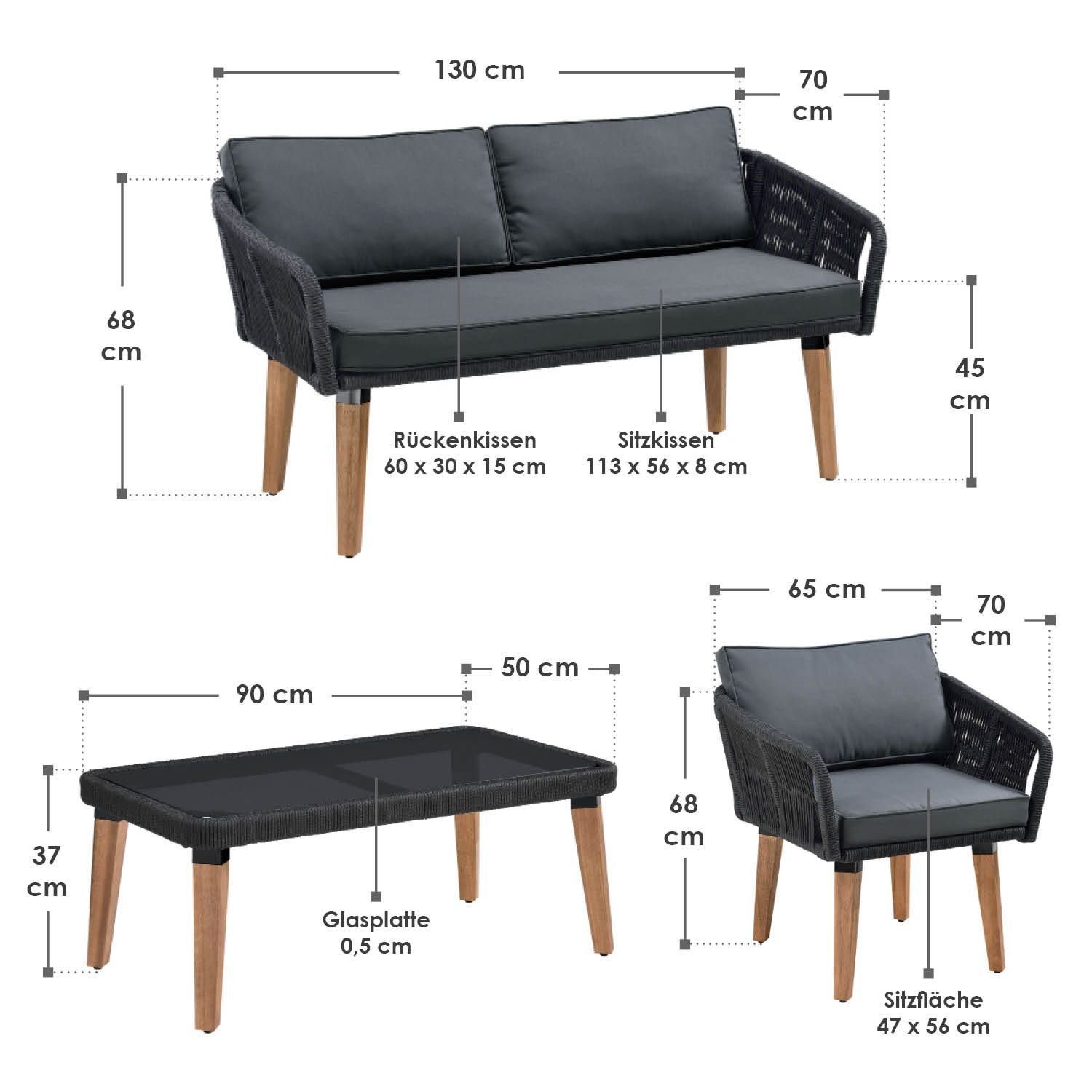 Juskys Gartenlounge-Set Neapel, (4-tlg), Seilgeflecht Sofa mit Tisch, 2 Sessel und Polster, für 4 Personen