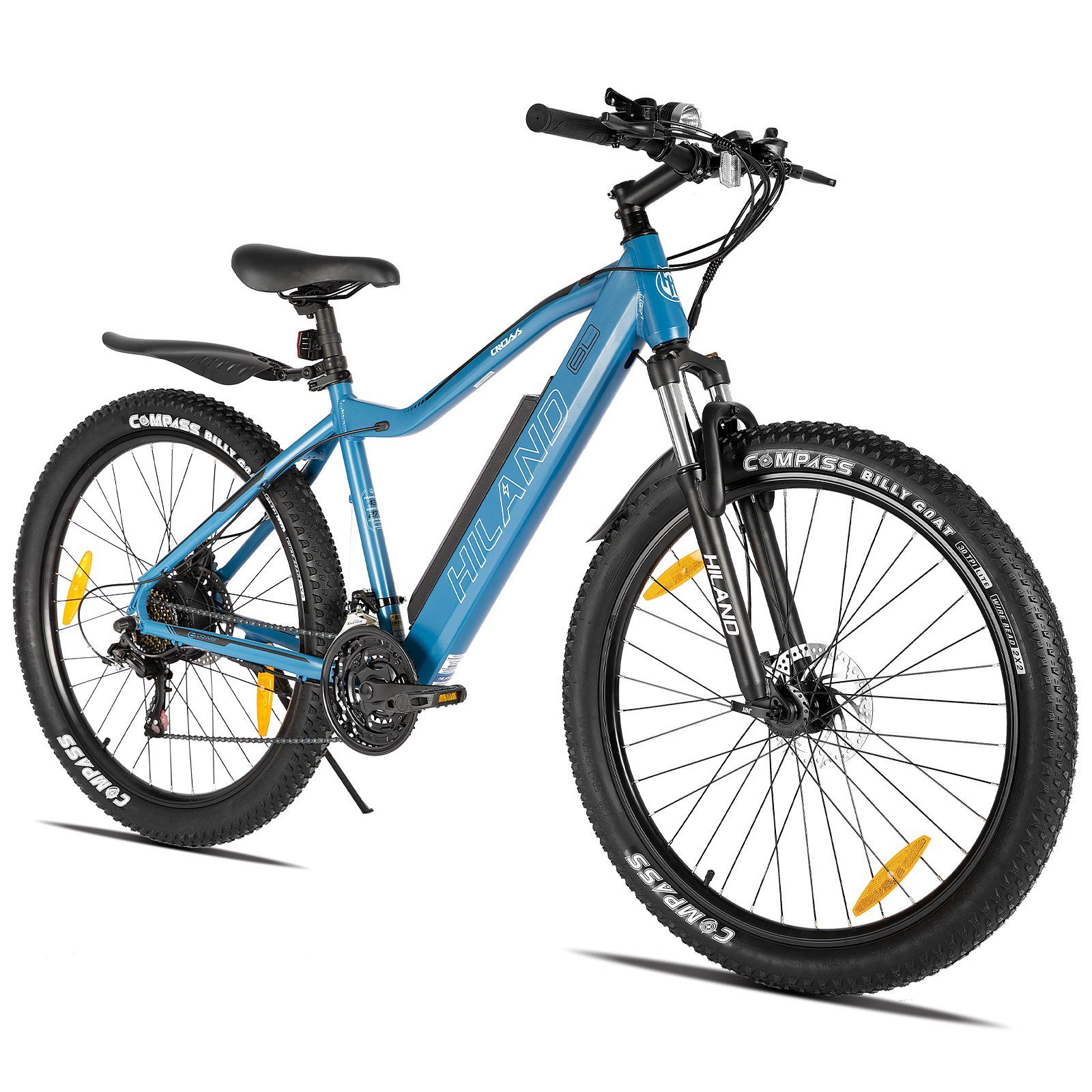 HILAND E-Bike 26/27.5 Zoll Fat Tire E-Mountainbike Pedelec Herren Damen,LCD Display, 21 Gang Shimano Tourney TZ500 7speed Schaltwerk, Kettenschaltung, Heckmotor, 374,40 Wh Akku, (Set, mit werkzeung, mit beleuchtungsset, mit Schutzblech Set), Elektrof