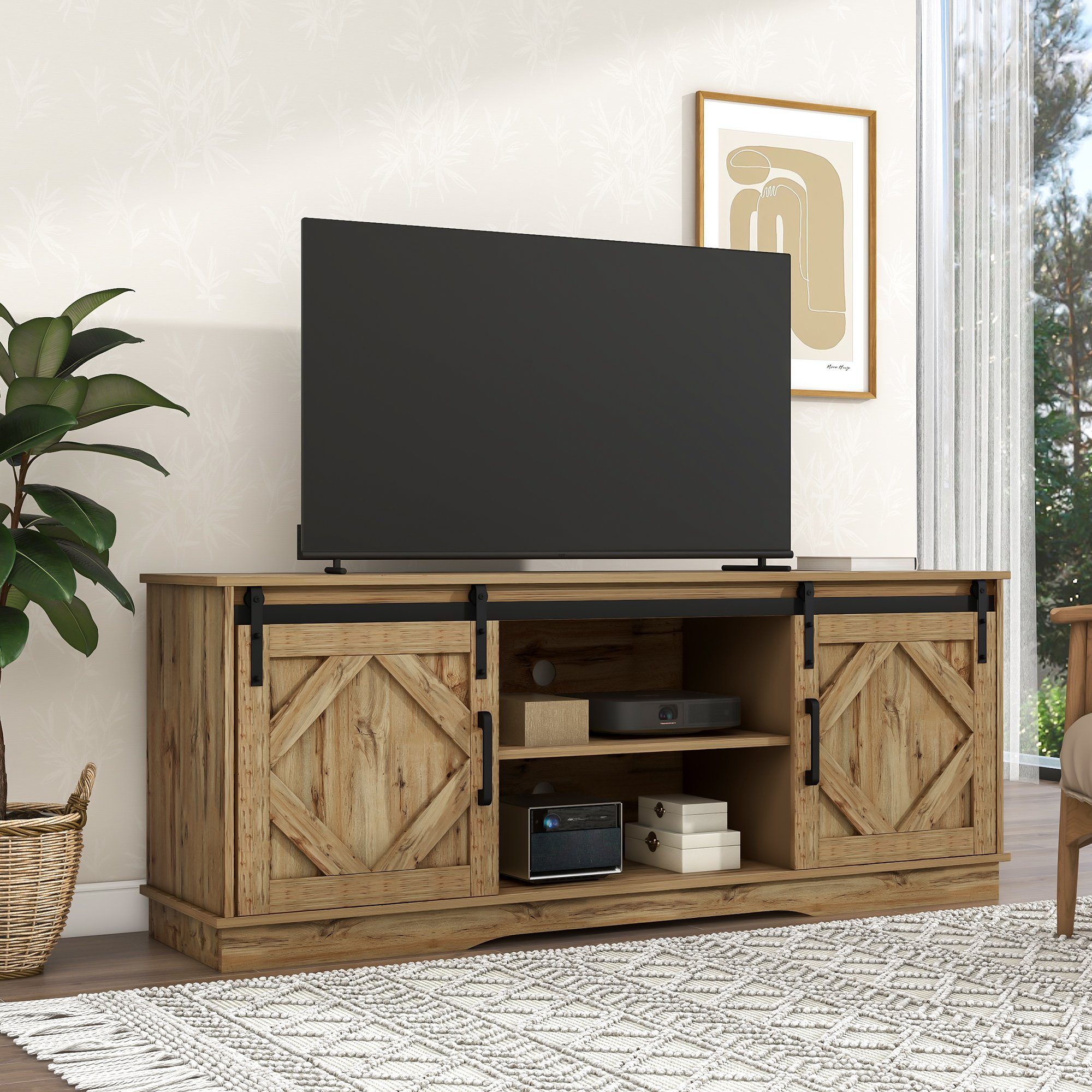 OKWISH TV-Schrank TV Stand Sideboard Entertainment Center (vintage Braun Entertainment Center 150*40*60cm, mit 2 klassischen Schiebetüren Einstellbare Regale) für Wohnzimmer Esszimmer Landhaus Modernes Design